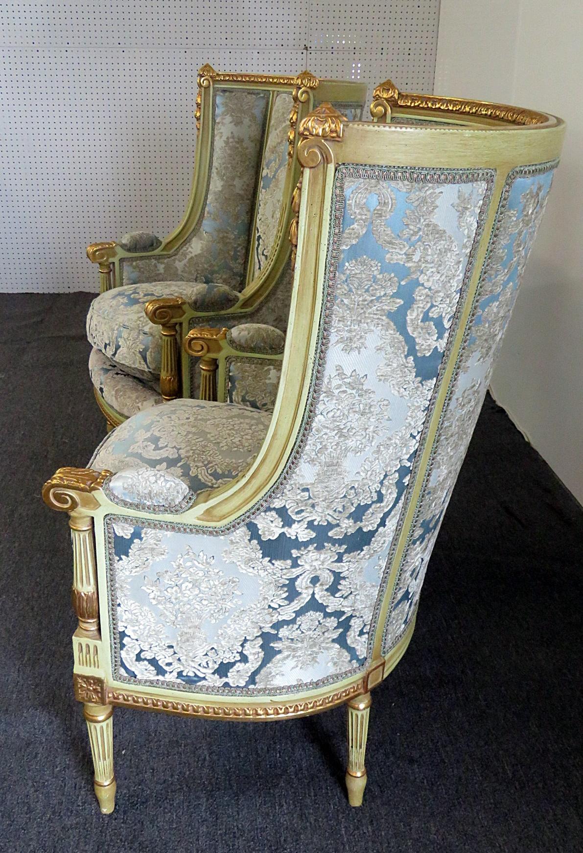 American Pair of Louis XVI Style Paint Decorated Wing Back Chairs