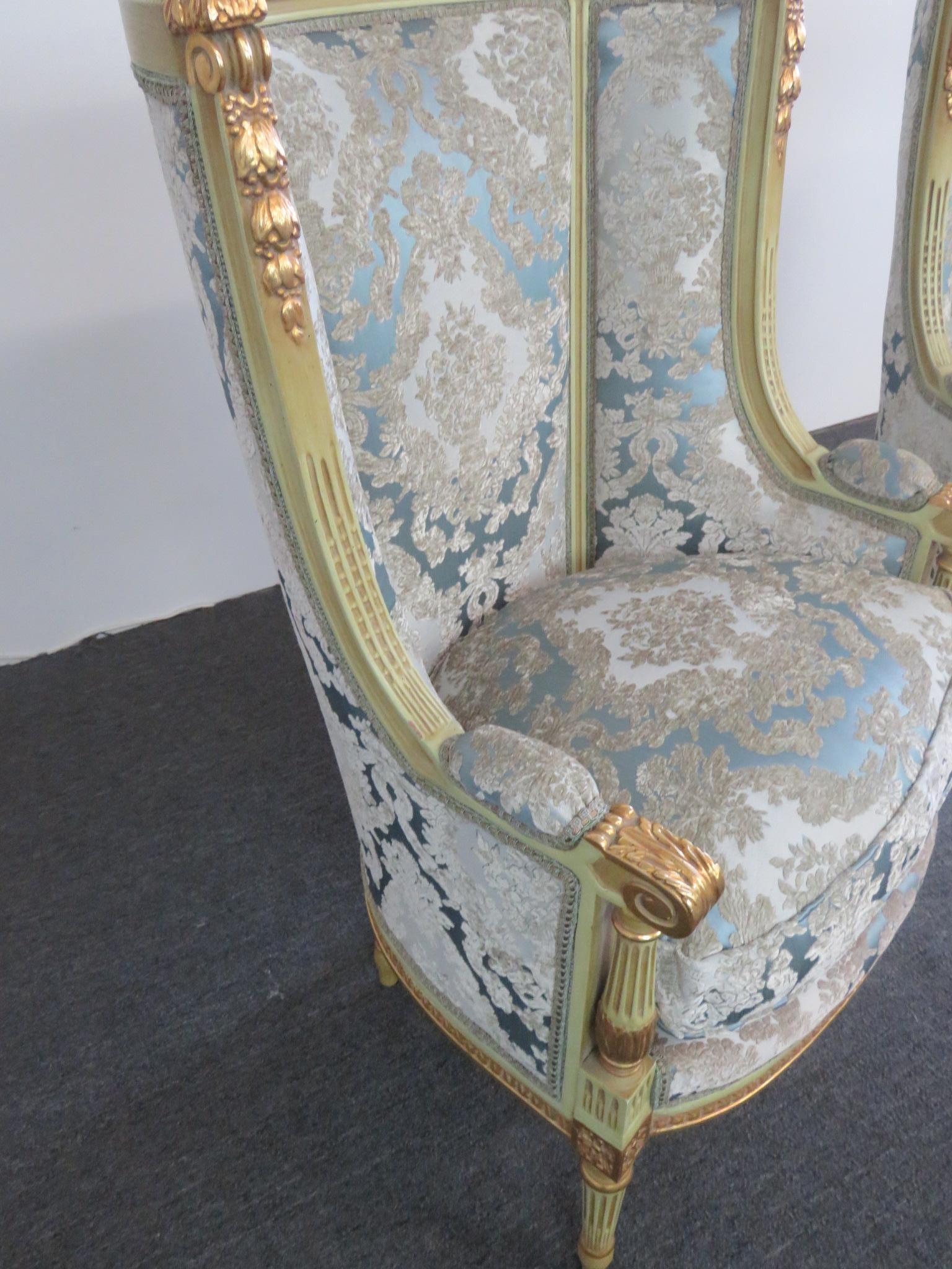 Upholstery Pair of Louis XVI Style Paint Decorated Wing Back Chairs