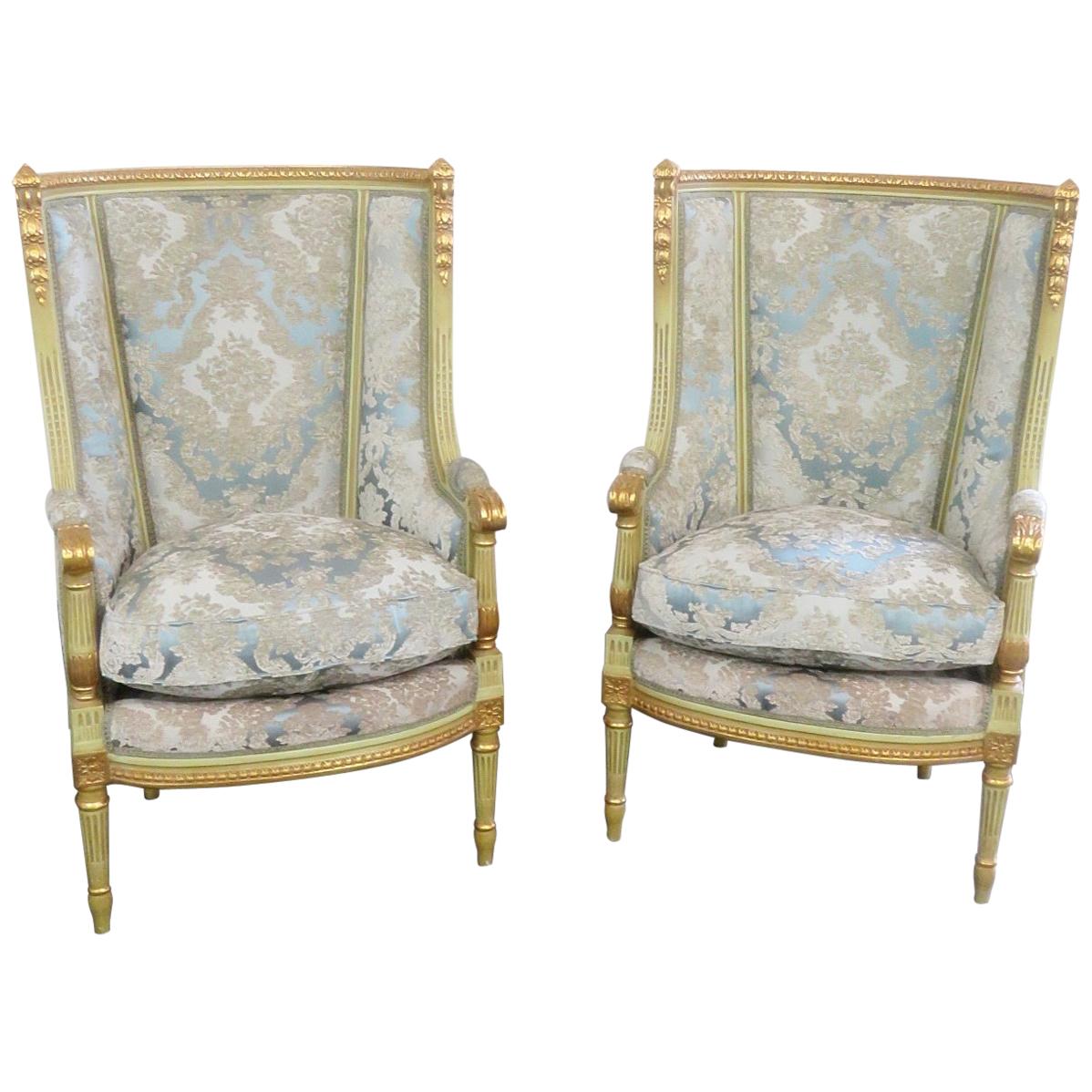 Pair of Louis XVI Style Paint Decorated Wing Back Chairs