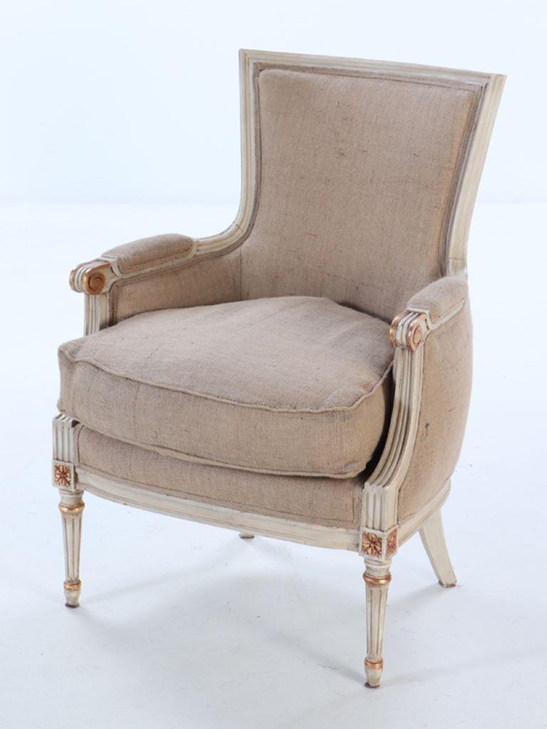 Mid-20th Century Pair of Louis XVI style painted and gilt Bergere chairs C 1950. For Sale