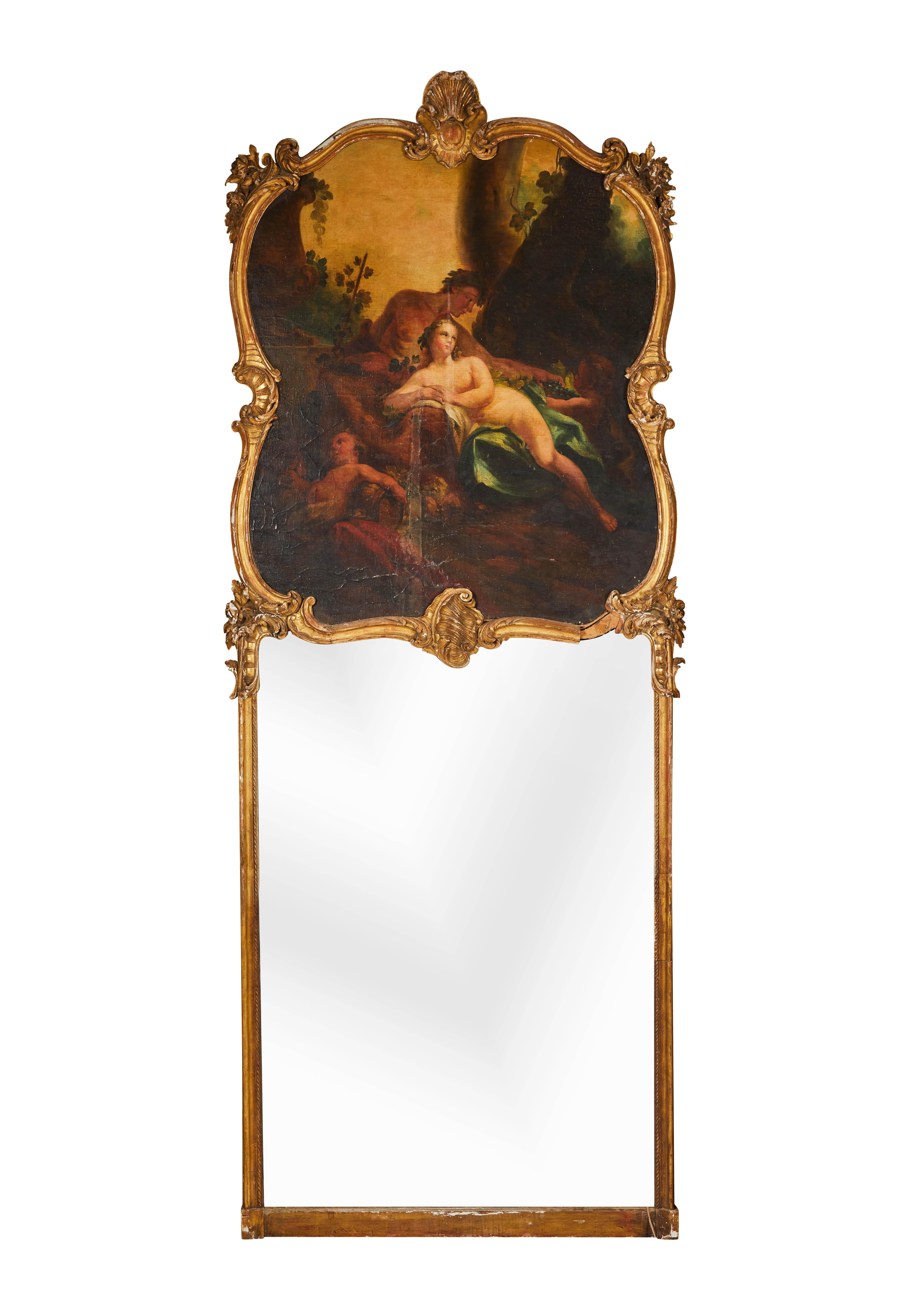 A pair of Louis XVI style painted and parcel gilt trumeau mirrors each of rectangular form, the first decorated with a woman with a muff, the second decorated with a couple in a landscape. 

A wonderful pair of large mirrors perfect for flanking a