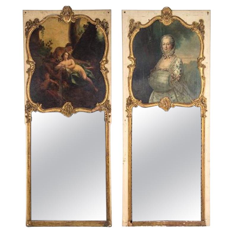 Pair of Louis XVI Style Painted and Parcel Gilt Trumeau Mirrors For Sale