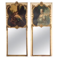 Pair of Louis XVI Style Painted and Parcel Gilt Trumeau Mirrors