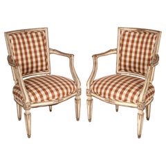 Pair of Louis XVI Style Painted and Silver Leaf Armchairs
