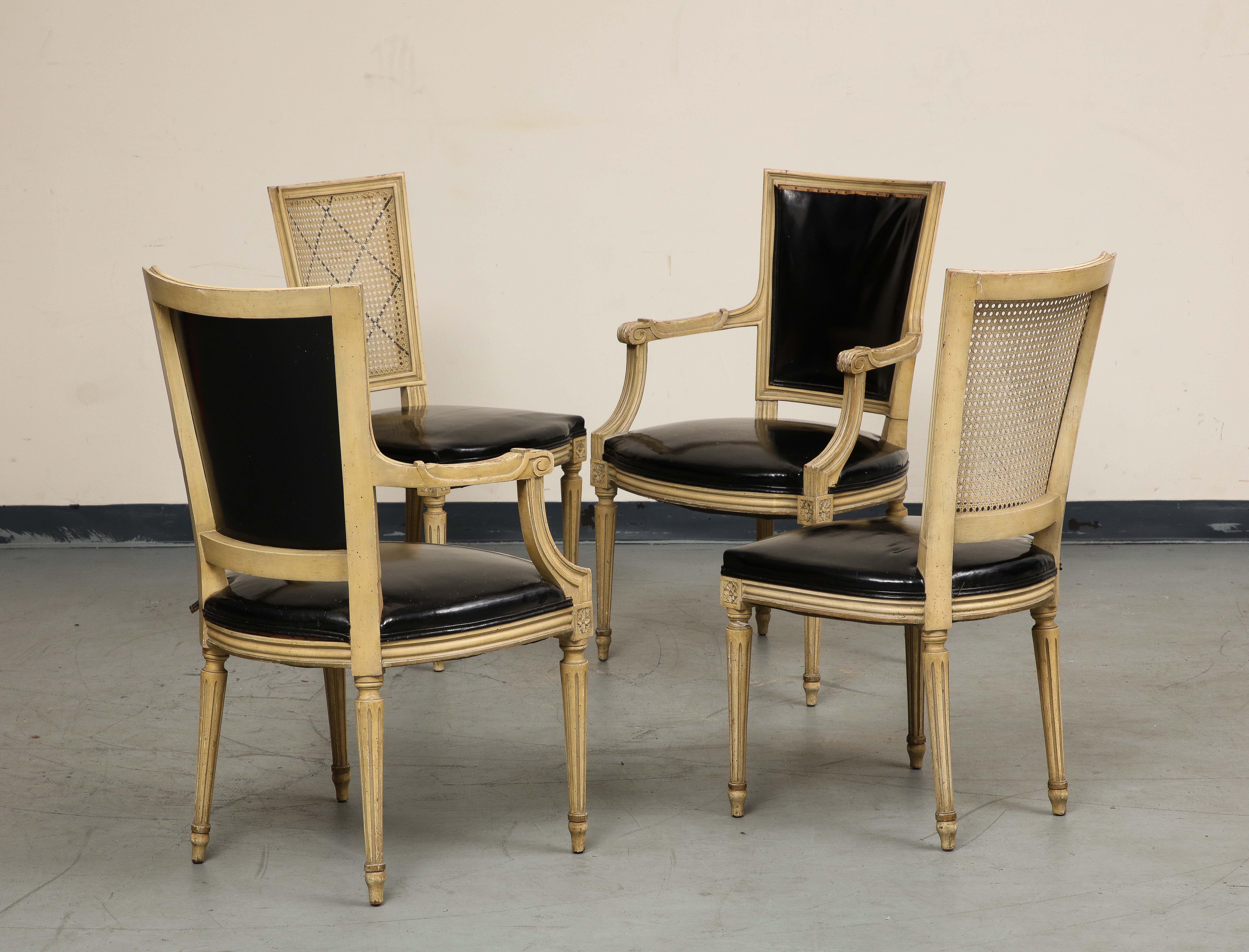 French Pair of Louis XVI Style Painted Armchairs & Two Matching Cane Sidechairs For Sale