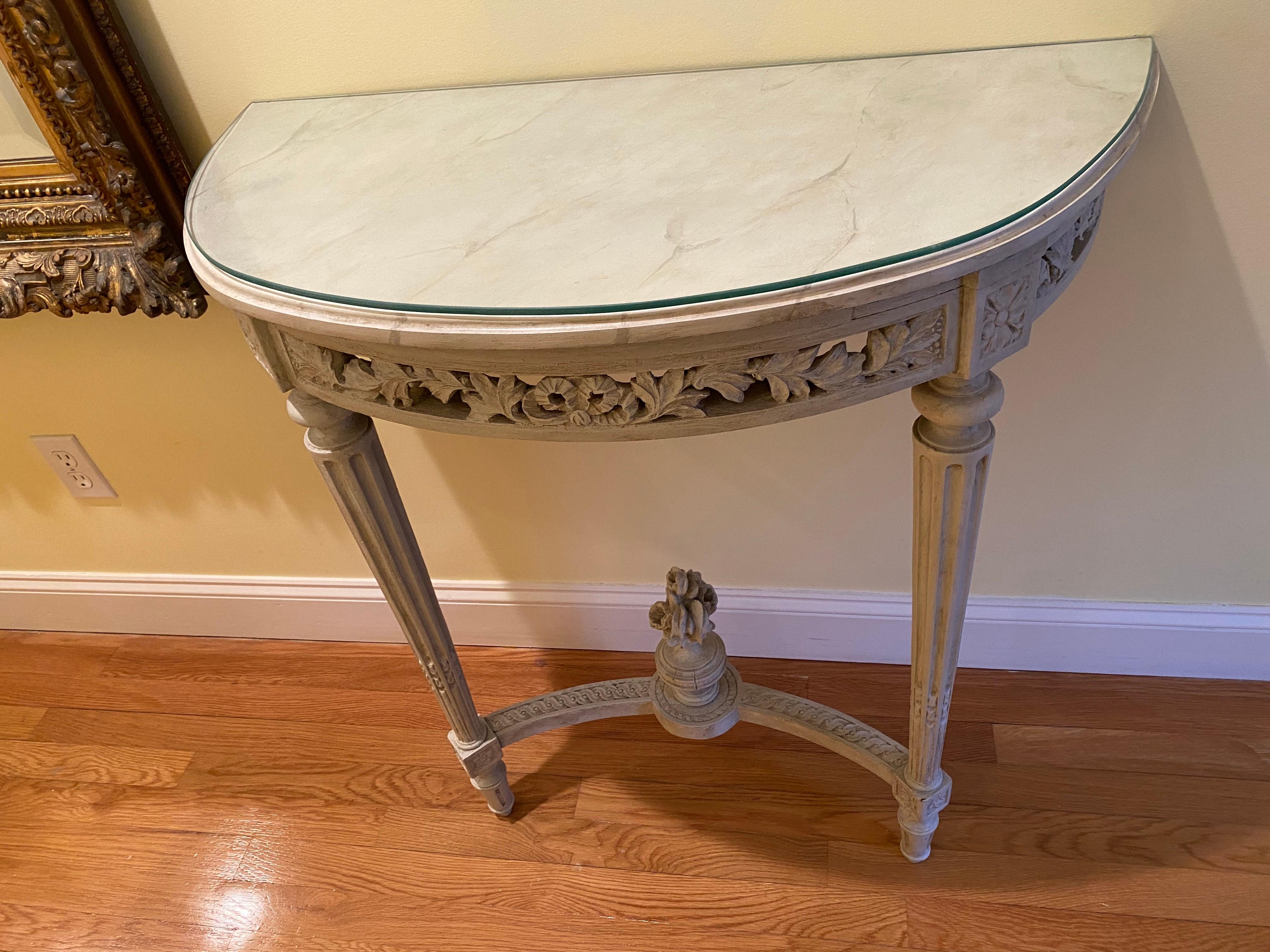 Pair of Louis XVI Style Painted Demi Lunes with Faux Bois Marble Tops 3