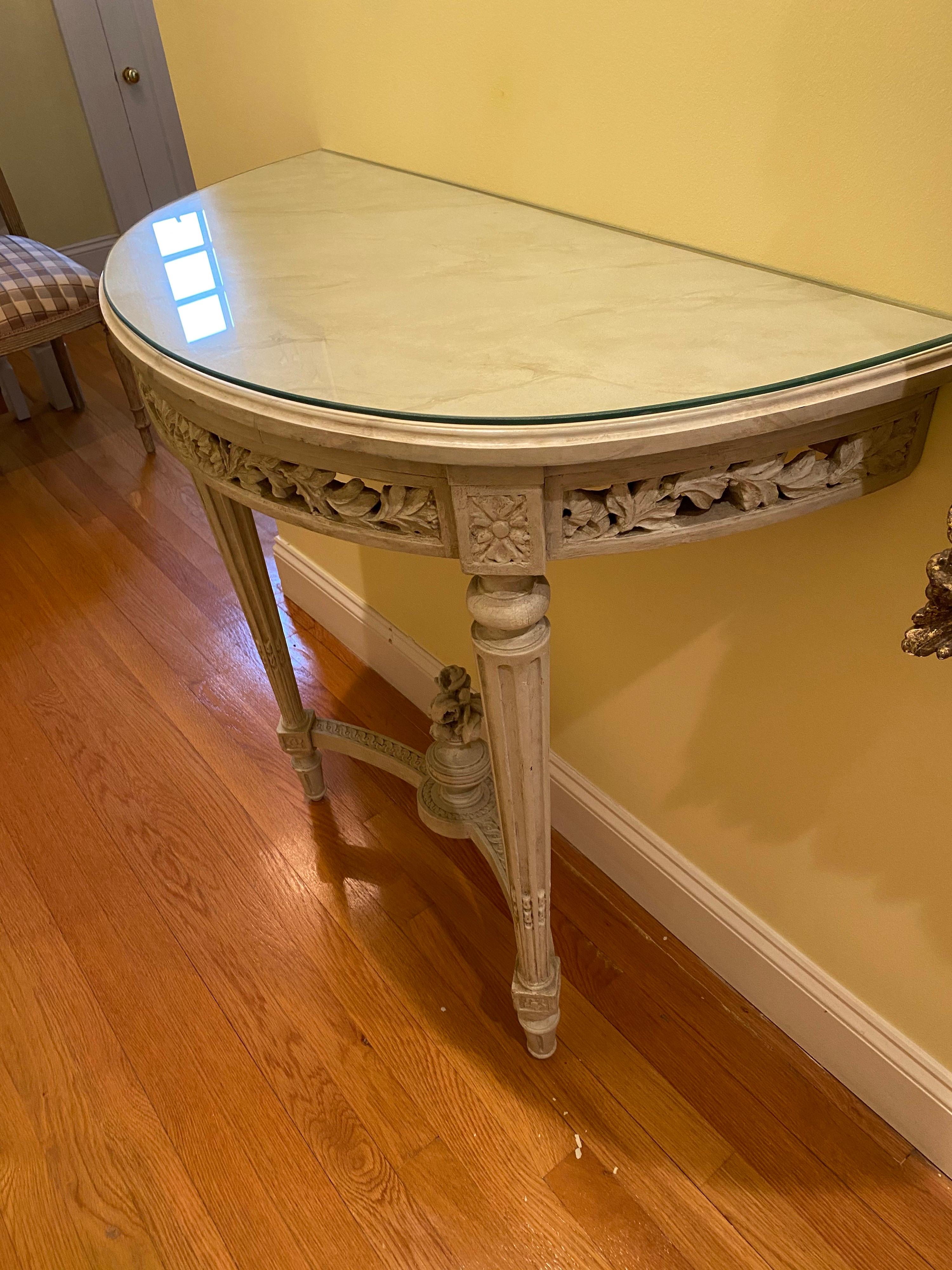 Pair of Louis XVI Style Painted Demi Lunes with Faux Bois Marble Tops 4