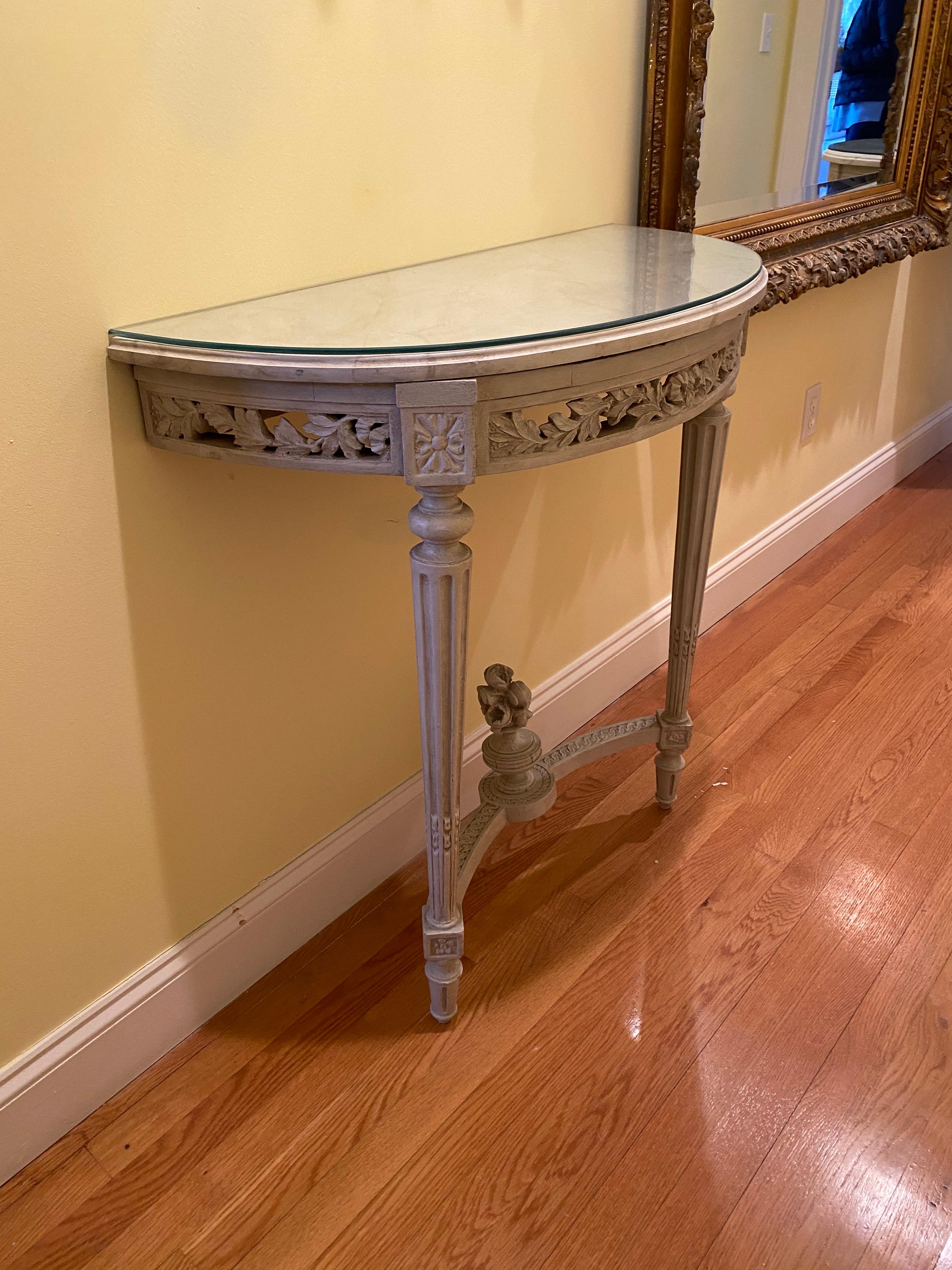 Pair of Louis XVI Style Painted Demi Lunes with Faux Bois Marble Tops 6