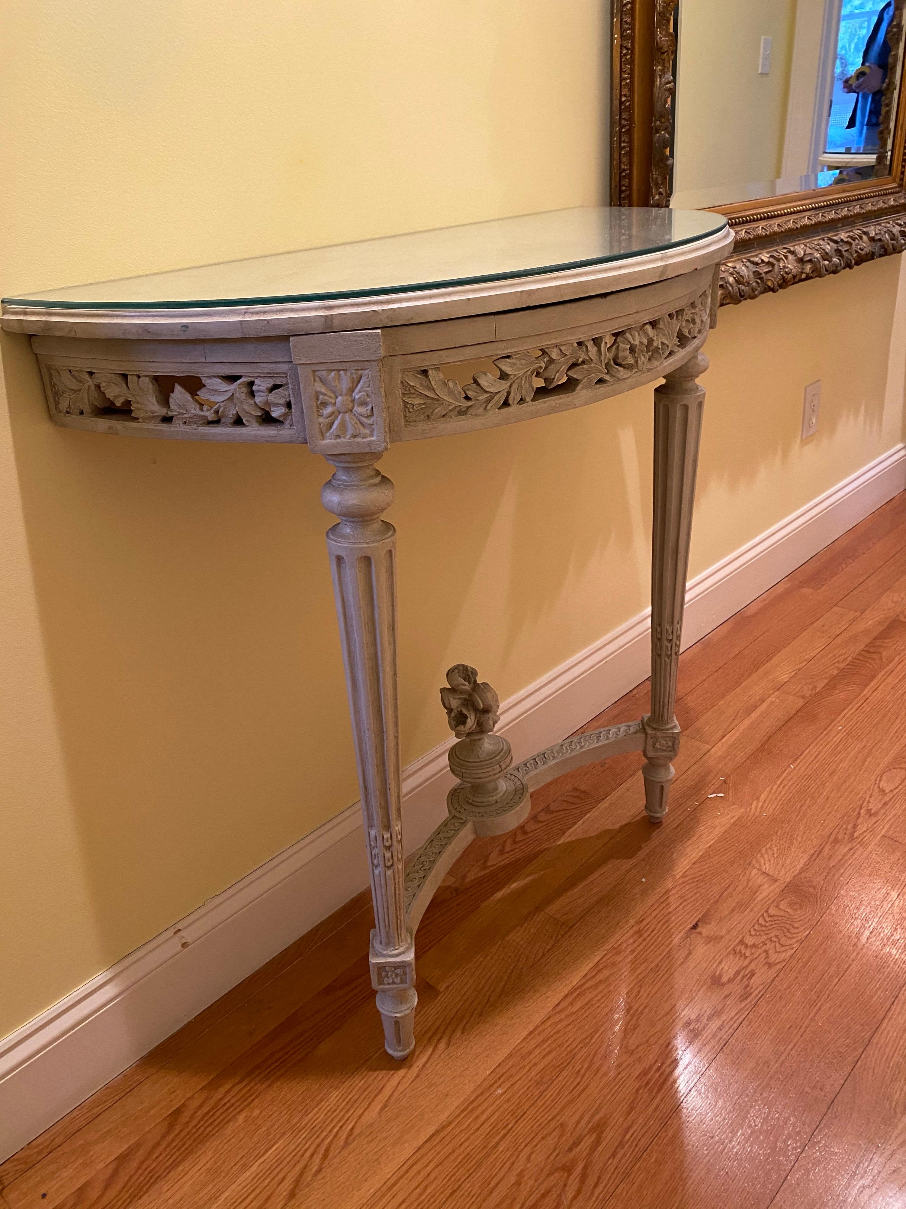 Pair of Louis XVI Style Painted Demi Lunes with Faux Bois Marble Tops 9