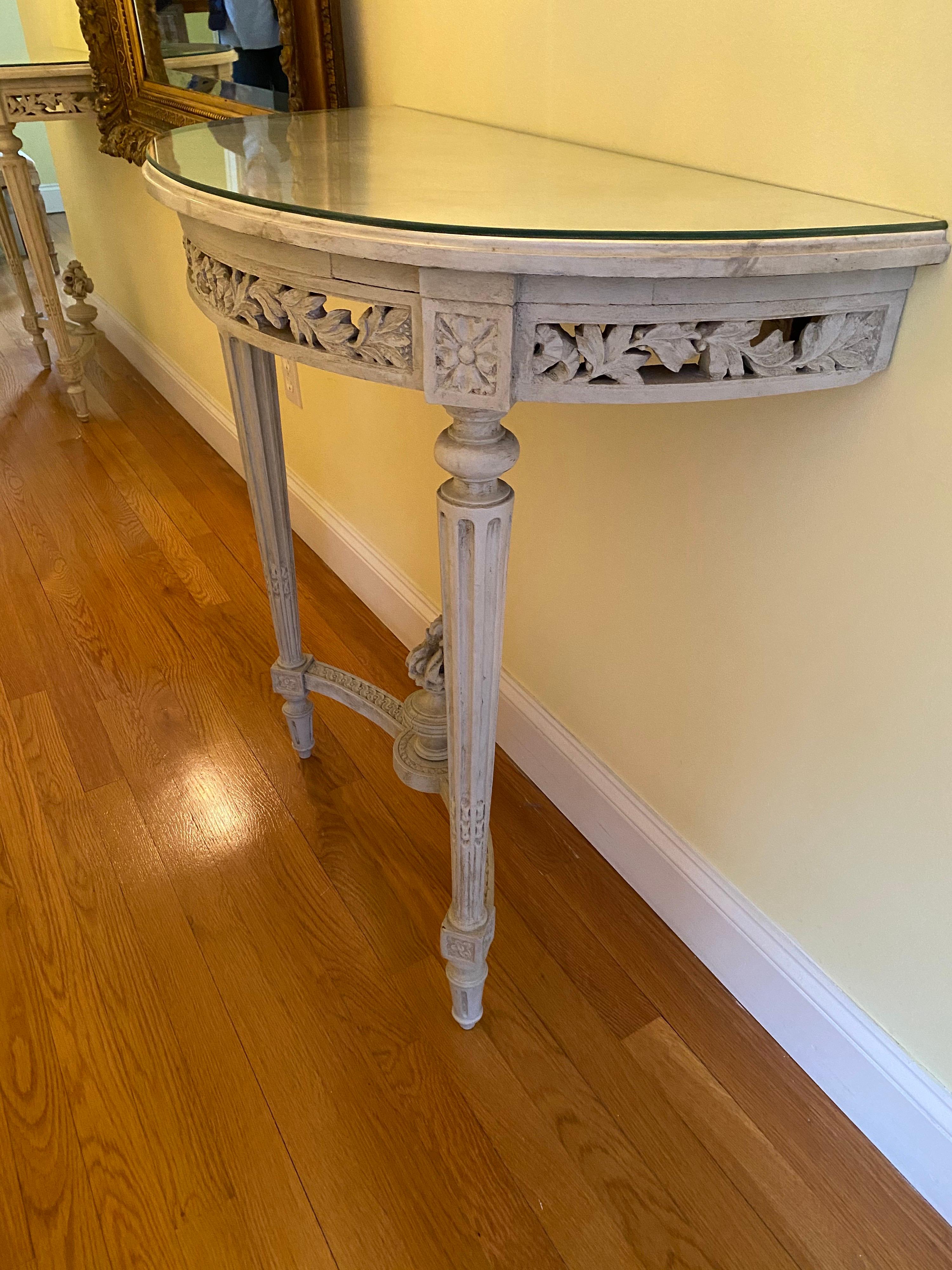 Hand-Painted Pair of Louis XVI Style Painted Demi Lunes with Faux Bois Marble Tops