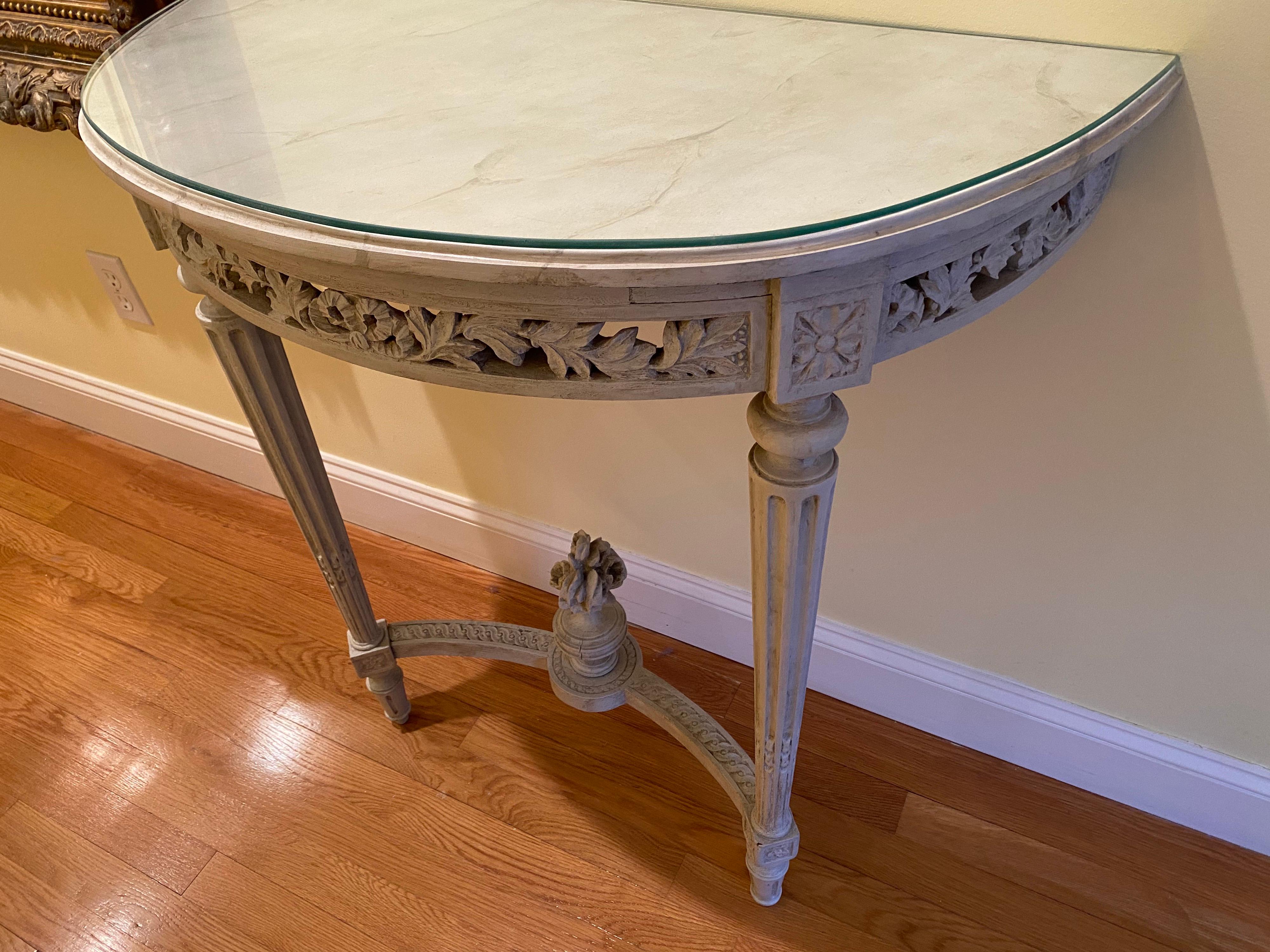 Pair of Louis XVI Style Painted Demi Lunes with Faux Bois Marble Tops 2
