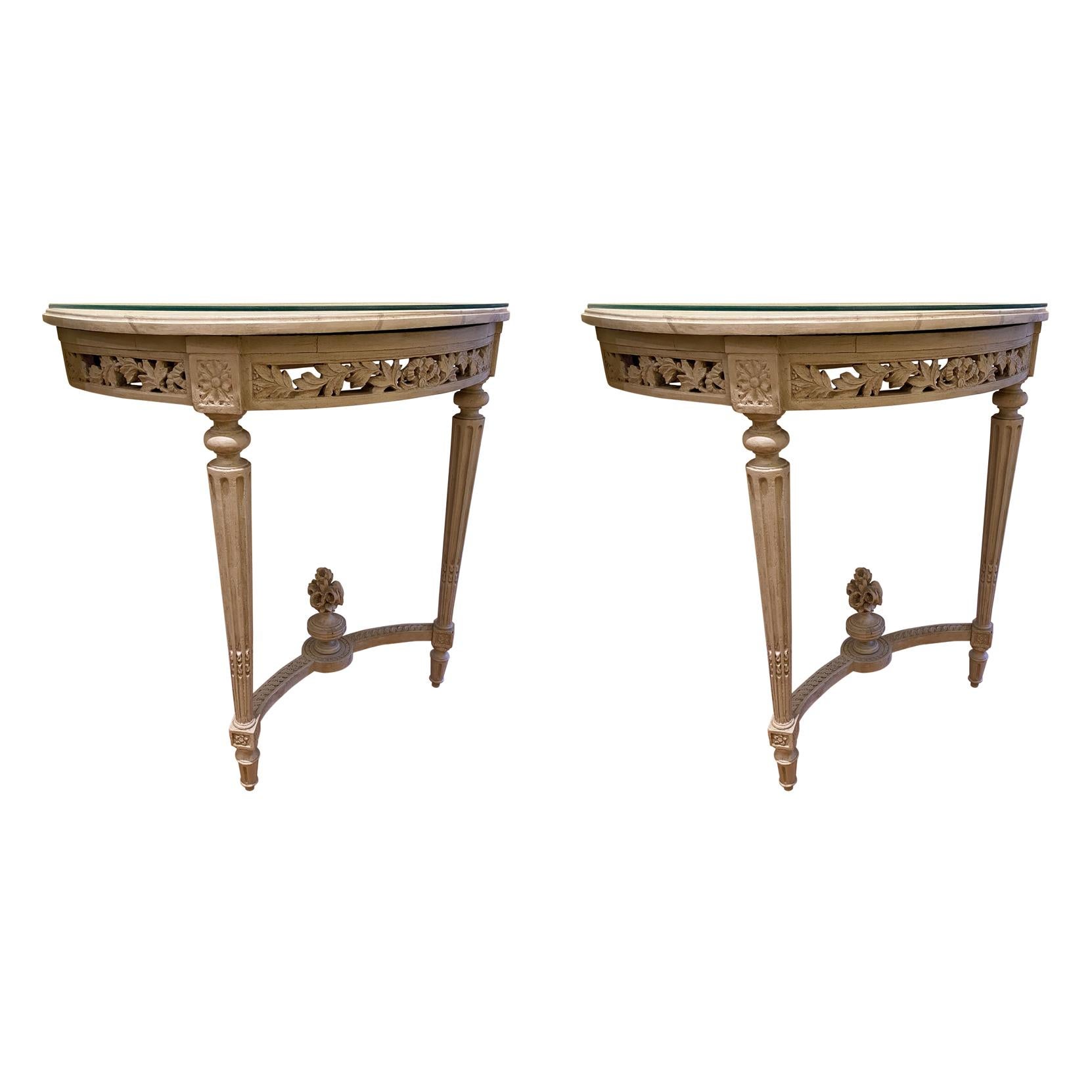 Pair of Louis XVI Style Painted Demi Lunes with Faux Bois Marble Tops