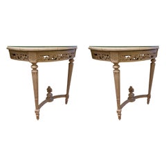 Pair of Louis XVI Style Painted Demi Lunes with Faux Bois Marble Tops