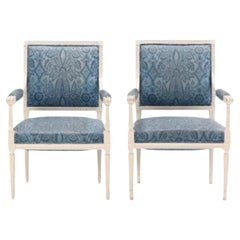 Antique Pair of Louis XVI Style Painted Dining Chairs With Blue Fabric