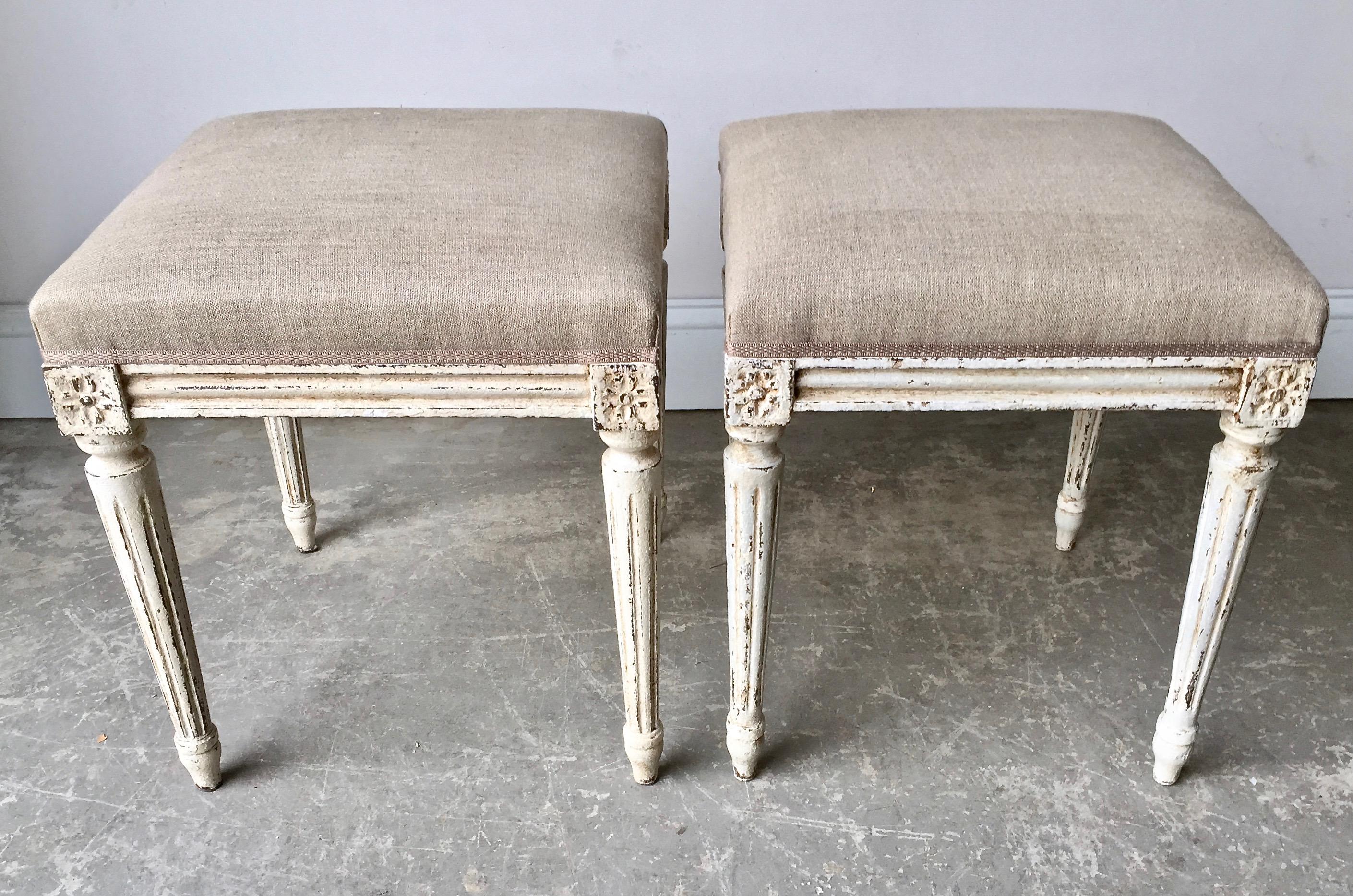 A charming pair of square in shape, Louis XVI style stool with legs tapered flutings and joining dies decorated with a classical daisy motifs. Upholstered in linen fabric, France, circa 1900
Here are few examples. Surprising pieces and objects,