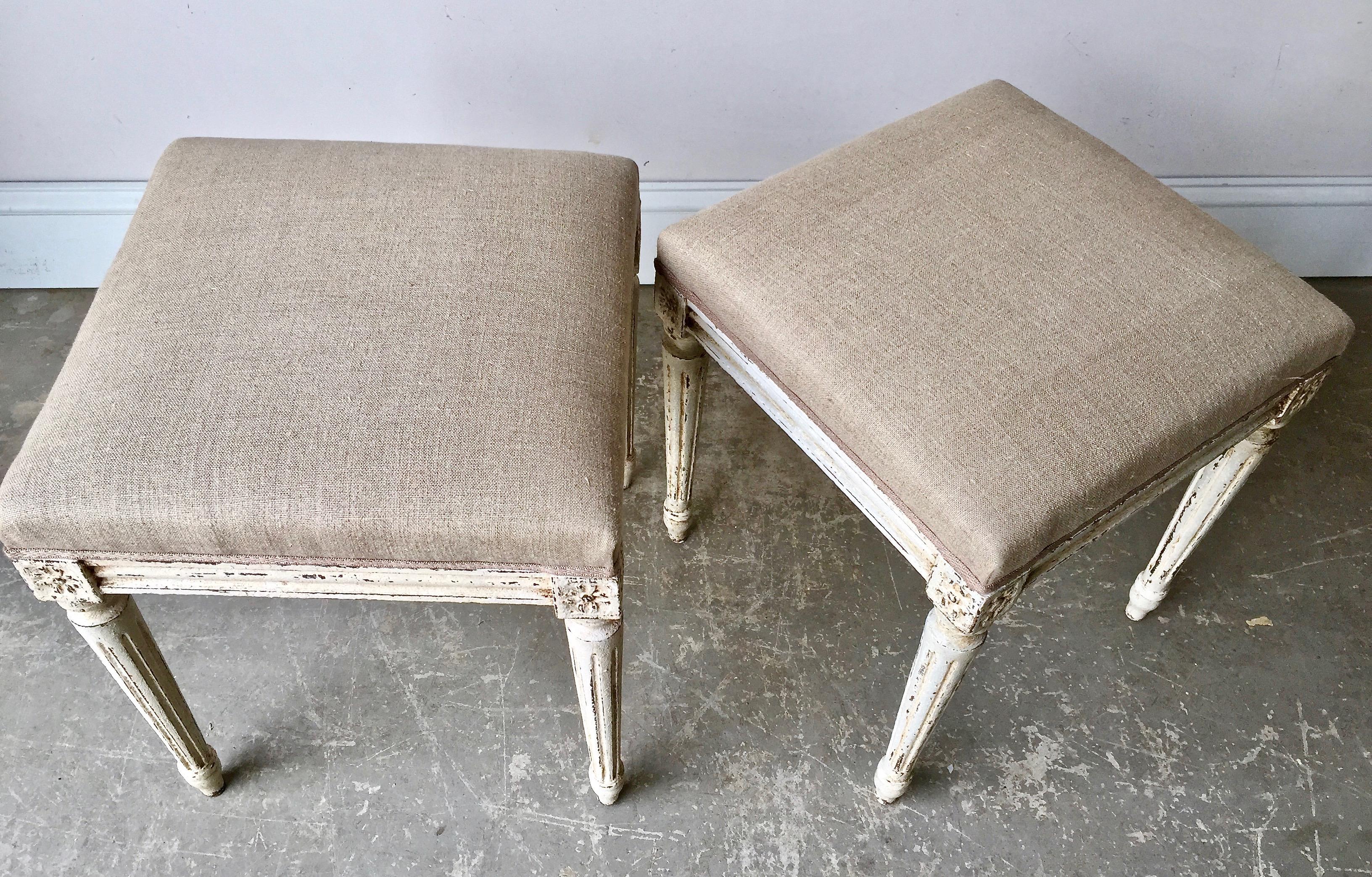 Hand-Carved Pair of Louis XVI Style Painted Footstool