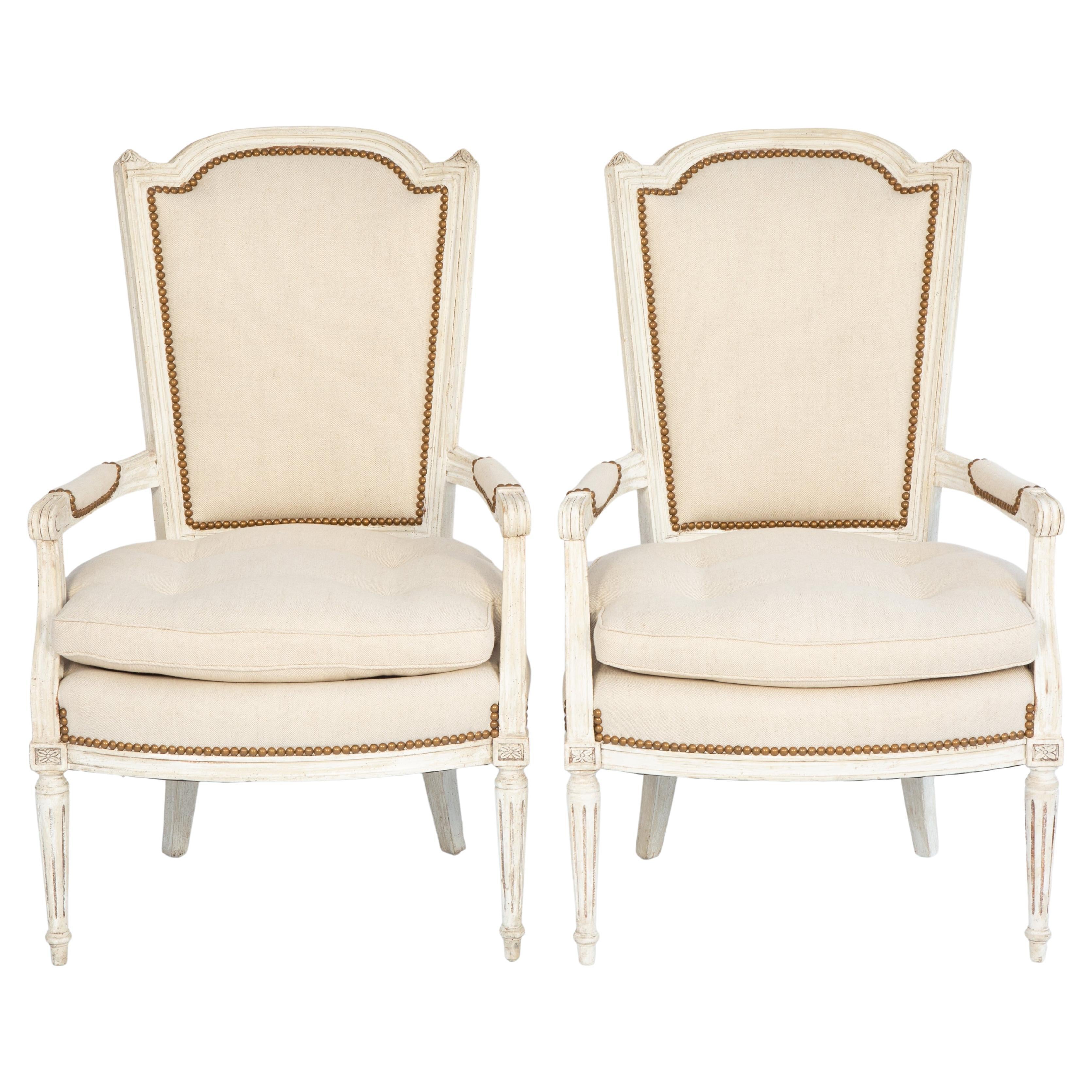 Pair of Louis XVI-style Painted French Armchairs with Shield Backs