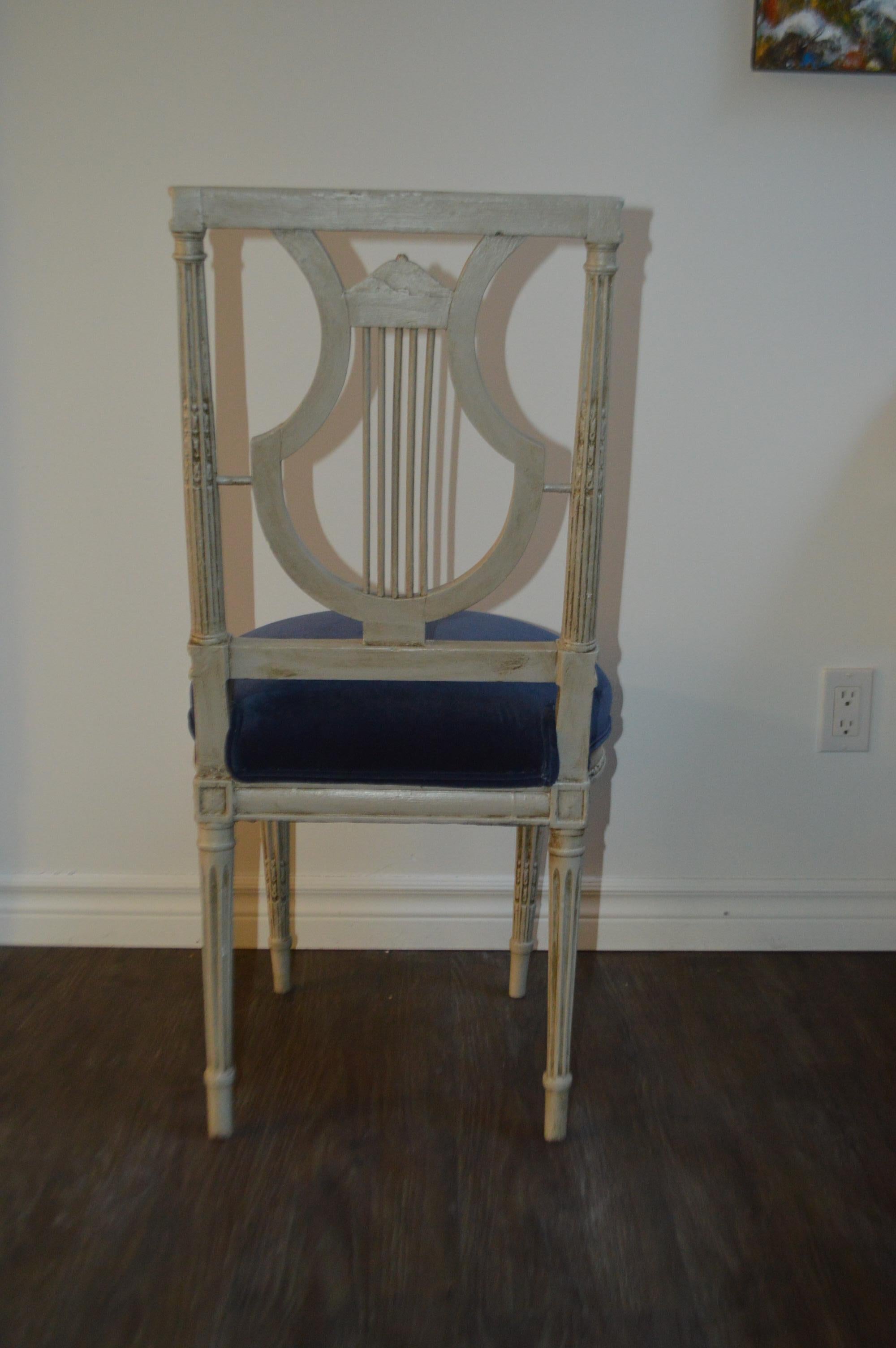 Pair of Louis XVI Style Painted Grey Lyre Back Side Chair, Blue Velvet Seat For Sale 5