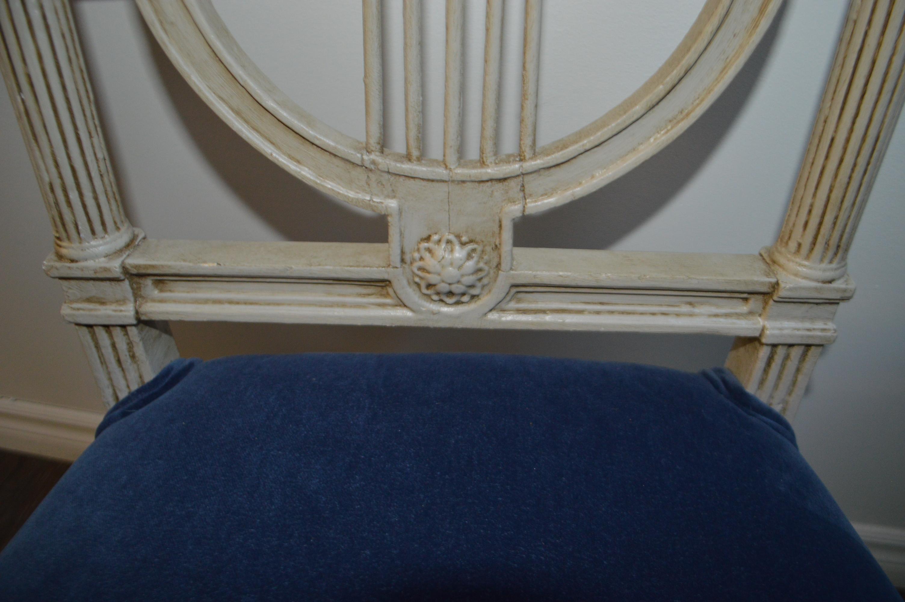 Pair of Louis XVI Style Painted Grey Lyre Back Side Chair, Blue Velvet Seat In Good Condition For Sale In Oakville, ON