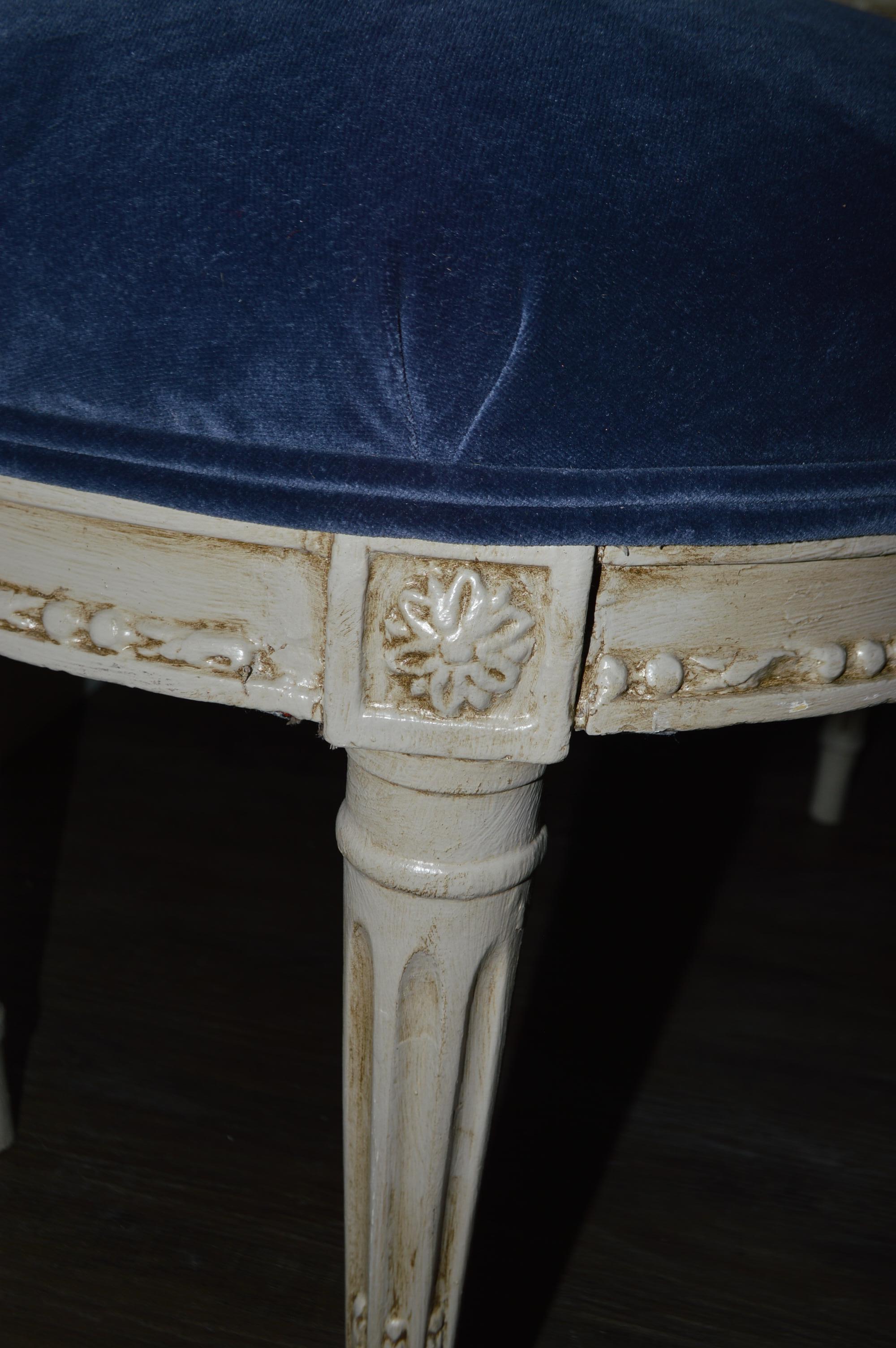 Pair of Louis XVI Style Painted Grey Lyre Back Side Chair, Blue Velvet Seat For Sale 3