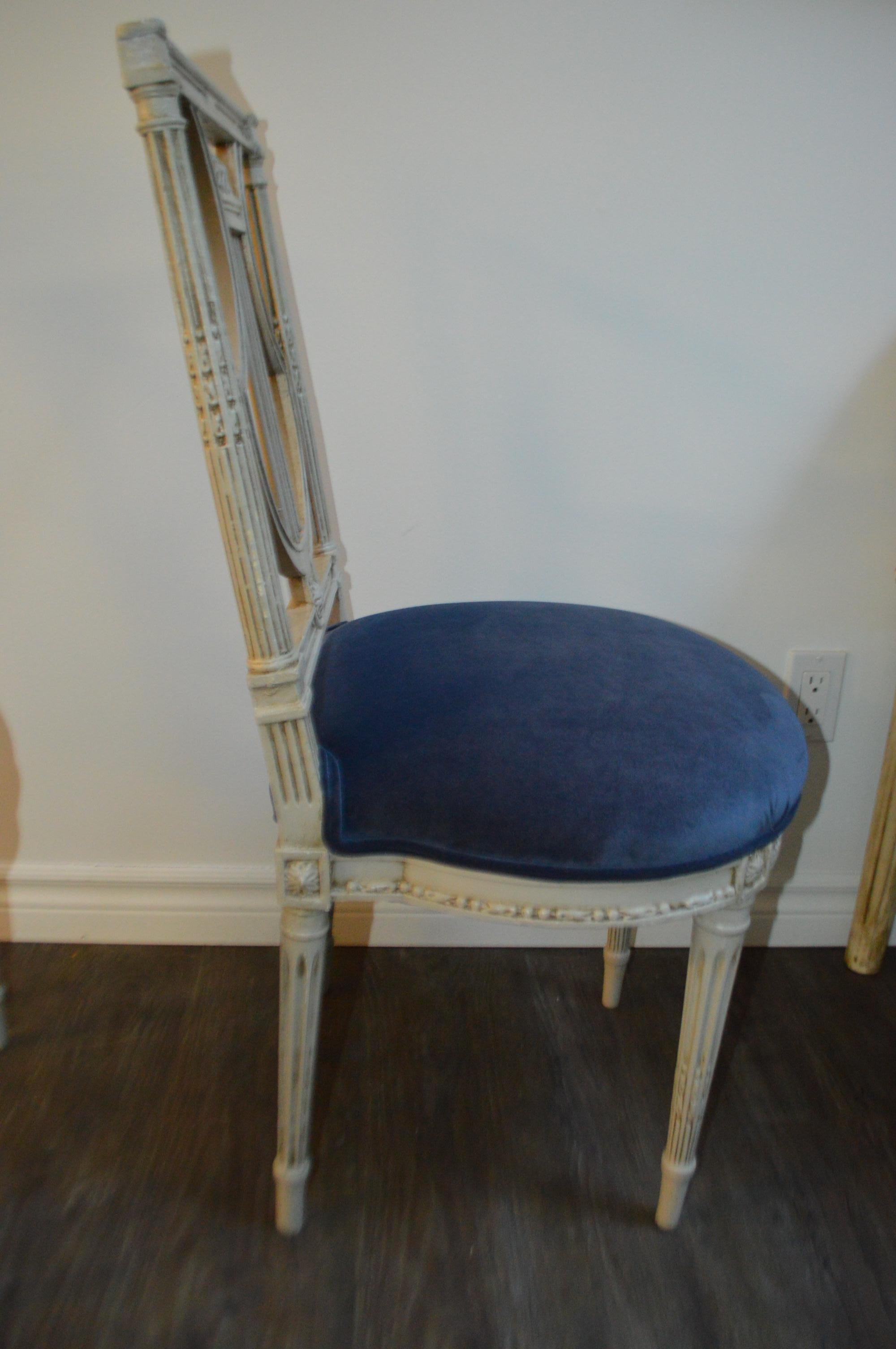 Pair of Louis XVI Style Painted Grey Lyre Back Side Chair, Blue Velvet Seat For Sale 4