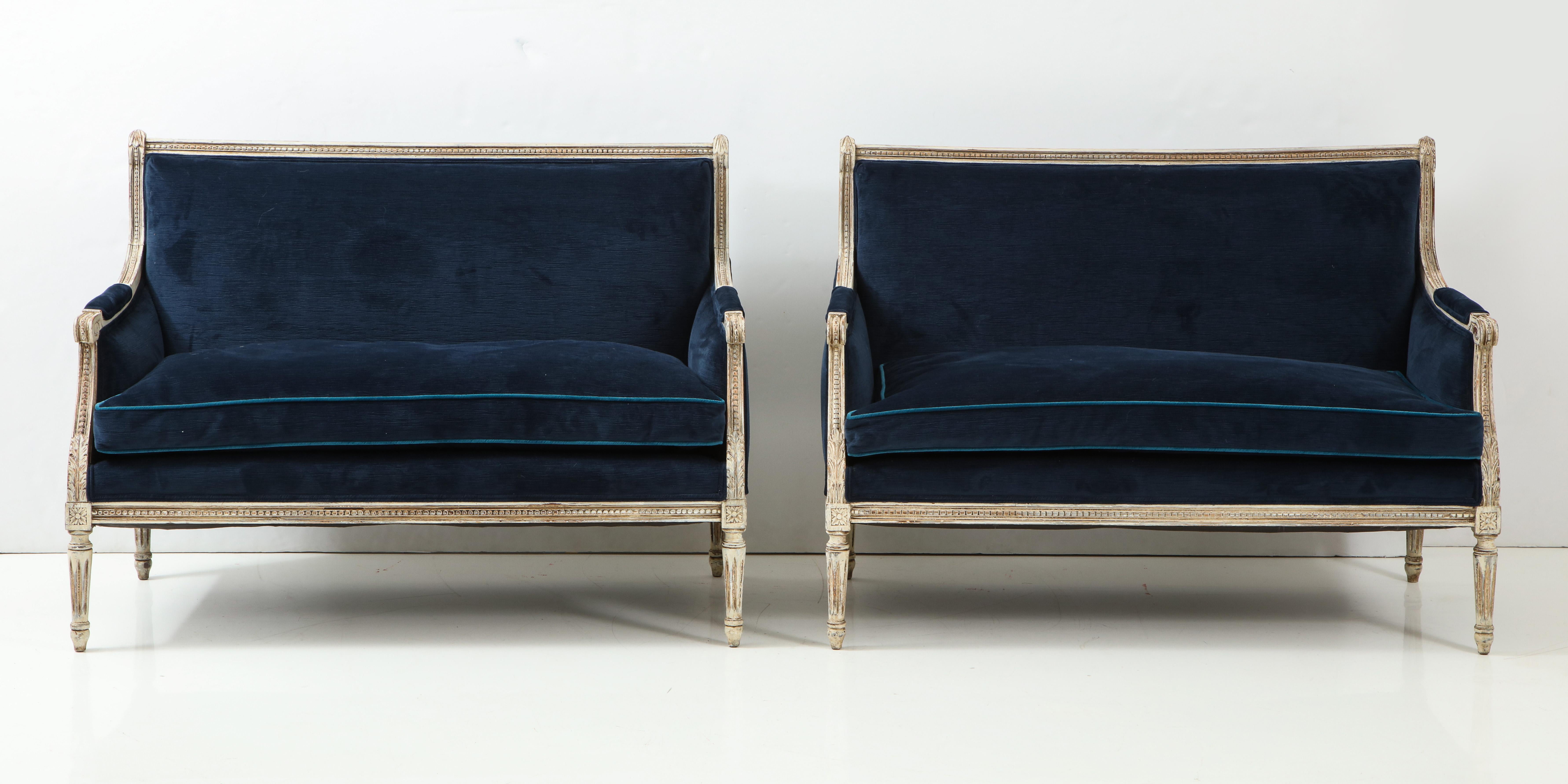 French Pair of Louis XVI Style Painted Navy Velvet Settees