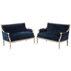 Pair of Louis XVI Style Painted Navy Velvet Settees