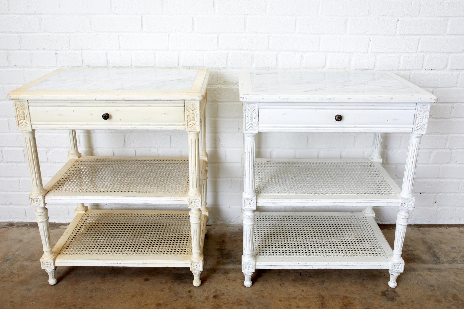 Pair of Louis XVI Style Painted Three-Tier Nightstands In Distressed Condition In Rio Vista, CA