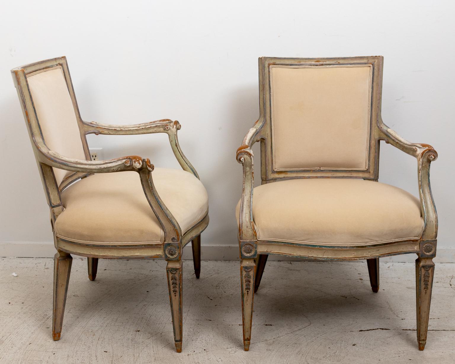 Pair of Louis XVI Style Painted Upholstered Fauteuils 1