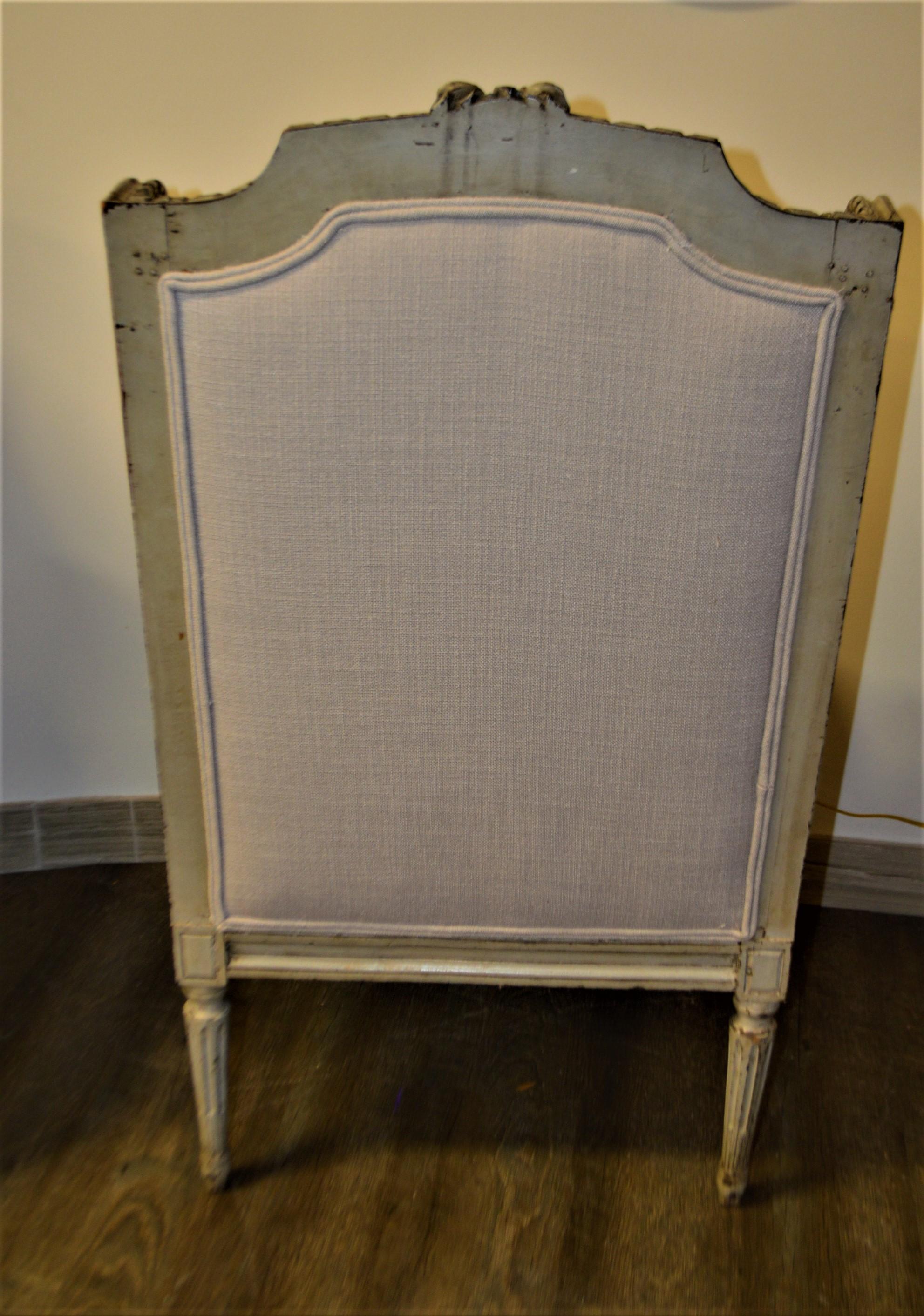 Pair of Louis XVI Style Painted Wing Chair, Original Frame, Newly Upholstered For Sale 3