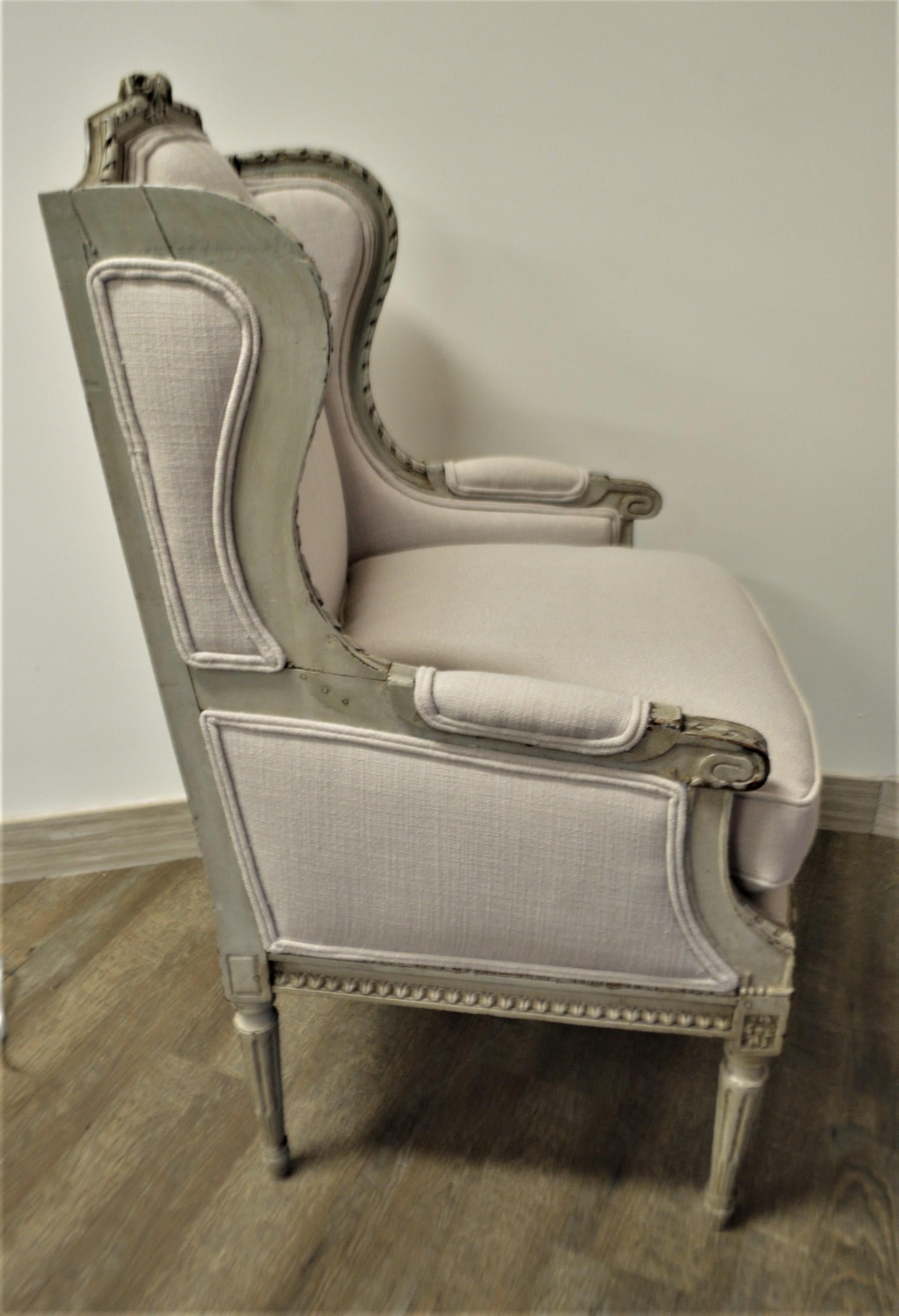 Wood Pair of Louis XVI Style Painted Wing Chair, Original Frame, Newly Upholstered For Sale