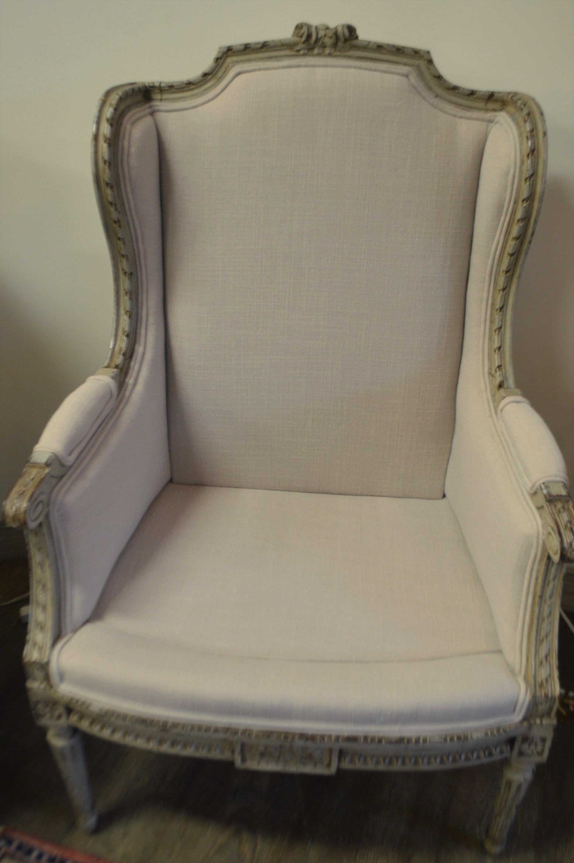 Pair of Louis XVI Style Painted Wing Chair, Original Frame, Newly Upholstered For Sale 1
