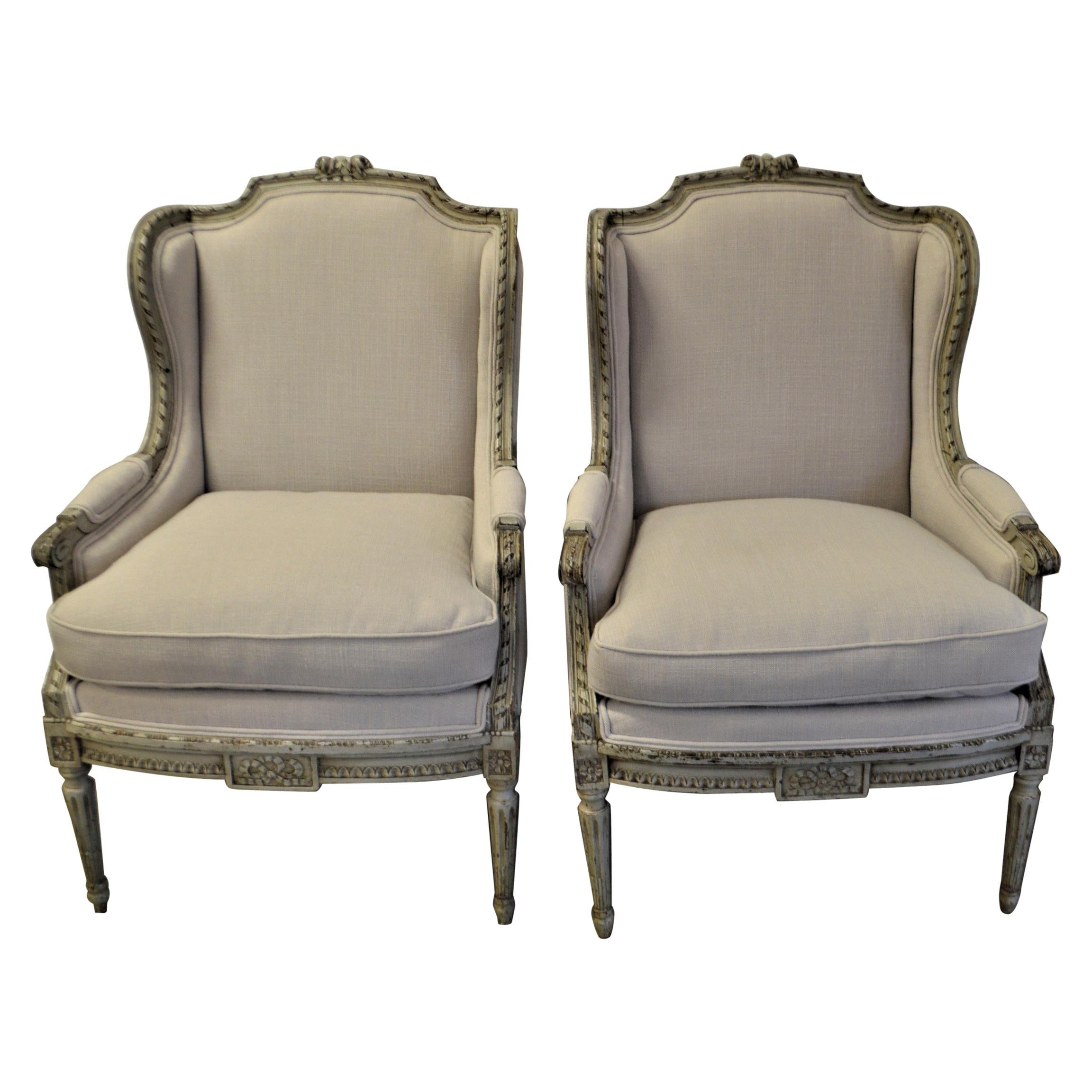 Pair of Louis XVI Style Painted Wing Chair, Original Frame, Newly Upholstered For Sale