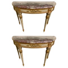 Pair of Louis XVI-Style Parcel Gilt and Polychromed Consoles with-Marble Tops