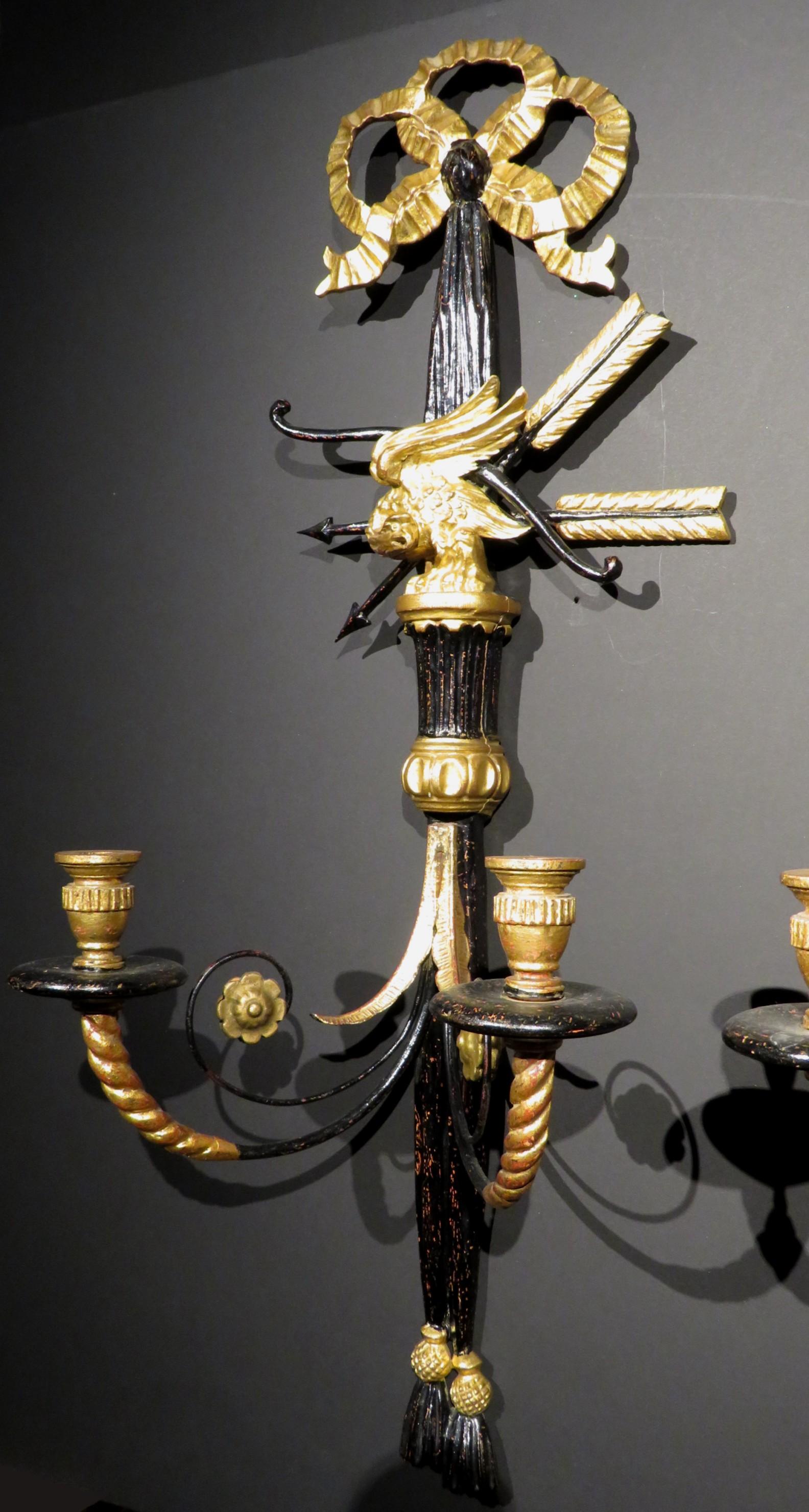 Pair of Empire Style Ebonized Giltwood and Tole Wall Sconces, Italy Circa 1950 2