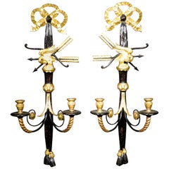 Pair of Empire Style Ebonized Giltwood and Tole Wall Sconces, Italy Circa 1950