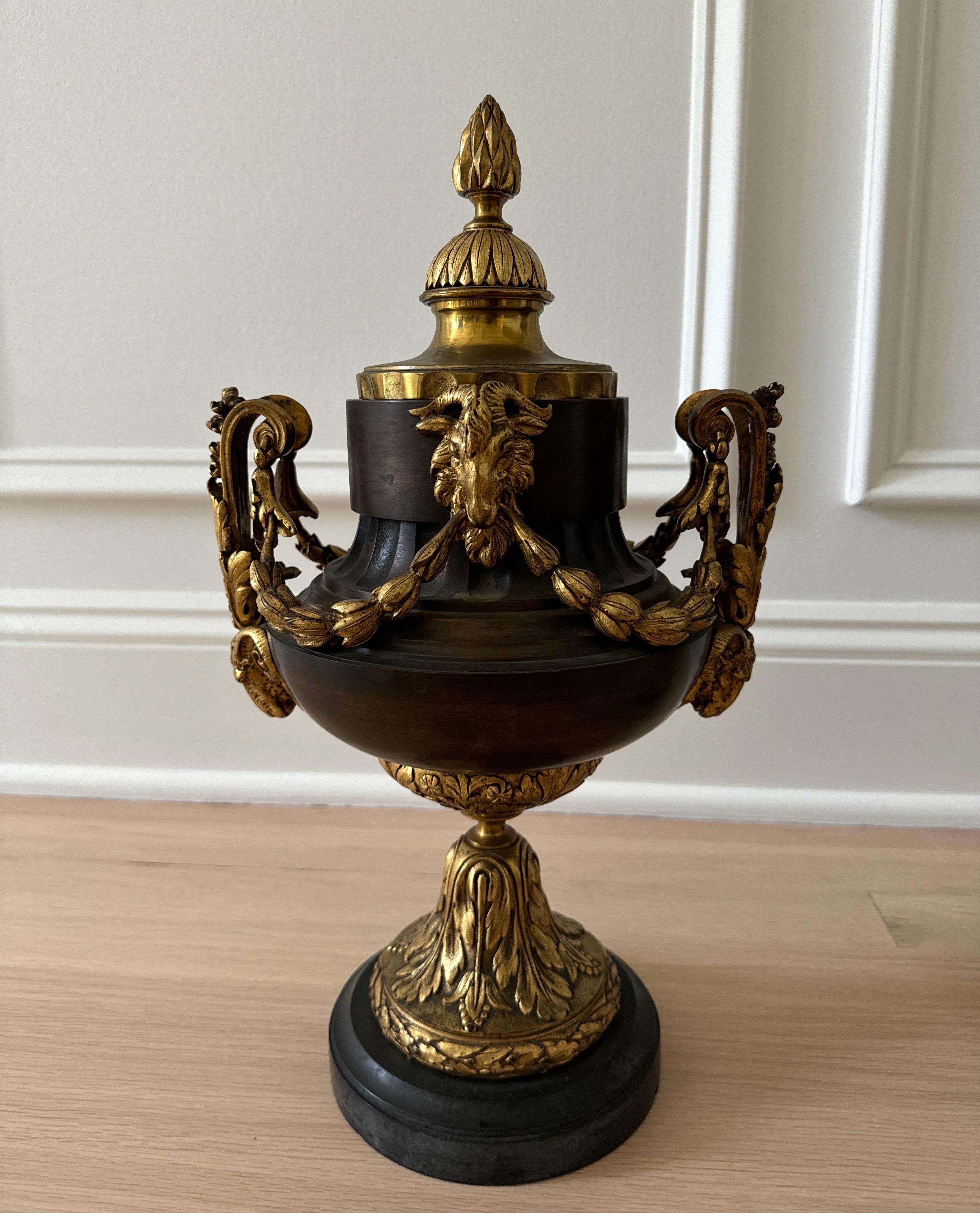 Coppia di vasi in bronzo patinato e dorato in stile Luigi XVI. Gli accenti figurativi del design Luigi XVI incorporano teste di arieti in rilievo, graniti drappeggiati e motivi di foglie lungo la base e il coperchio. I vasi sono montati su una base