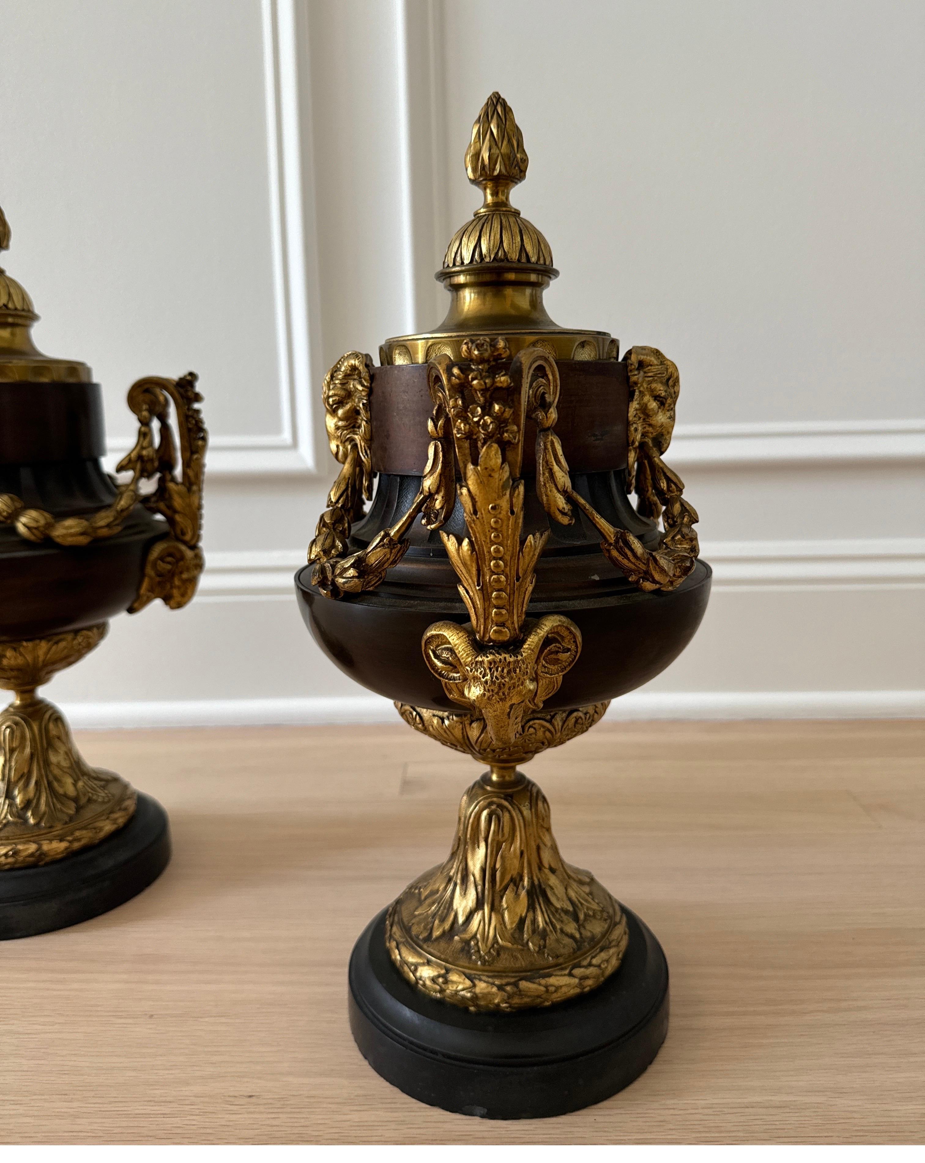 Dorato Coppia di vasi in bronzo dorato e patinato in stile Luigi XVI in vendita