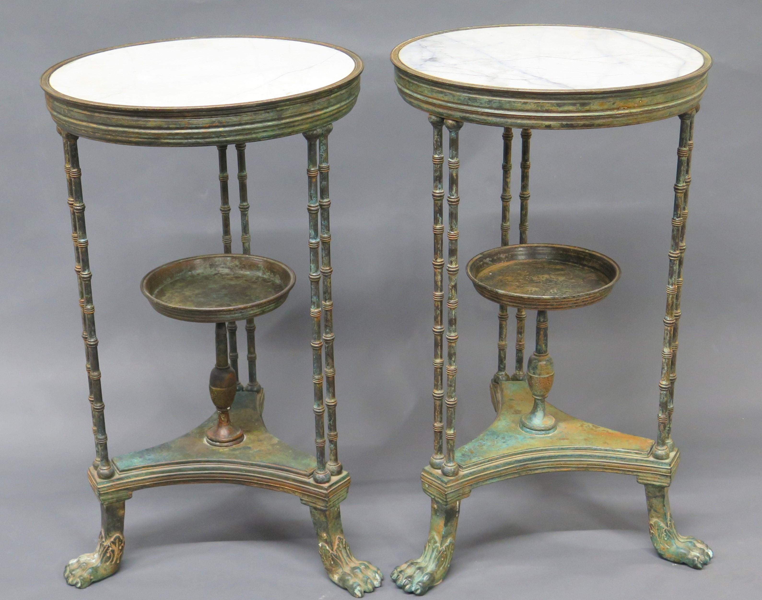 Pair of Louis XVI-Style Patinated Bronze Gueridons (Tables) For Sale 10