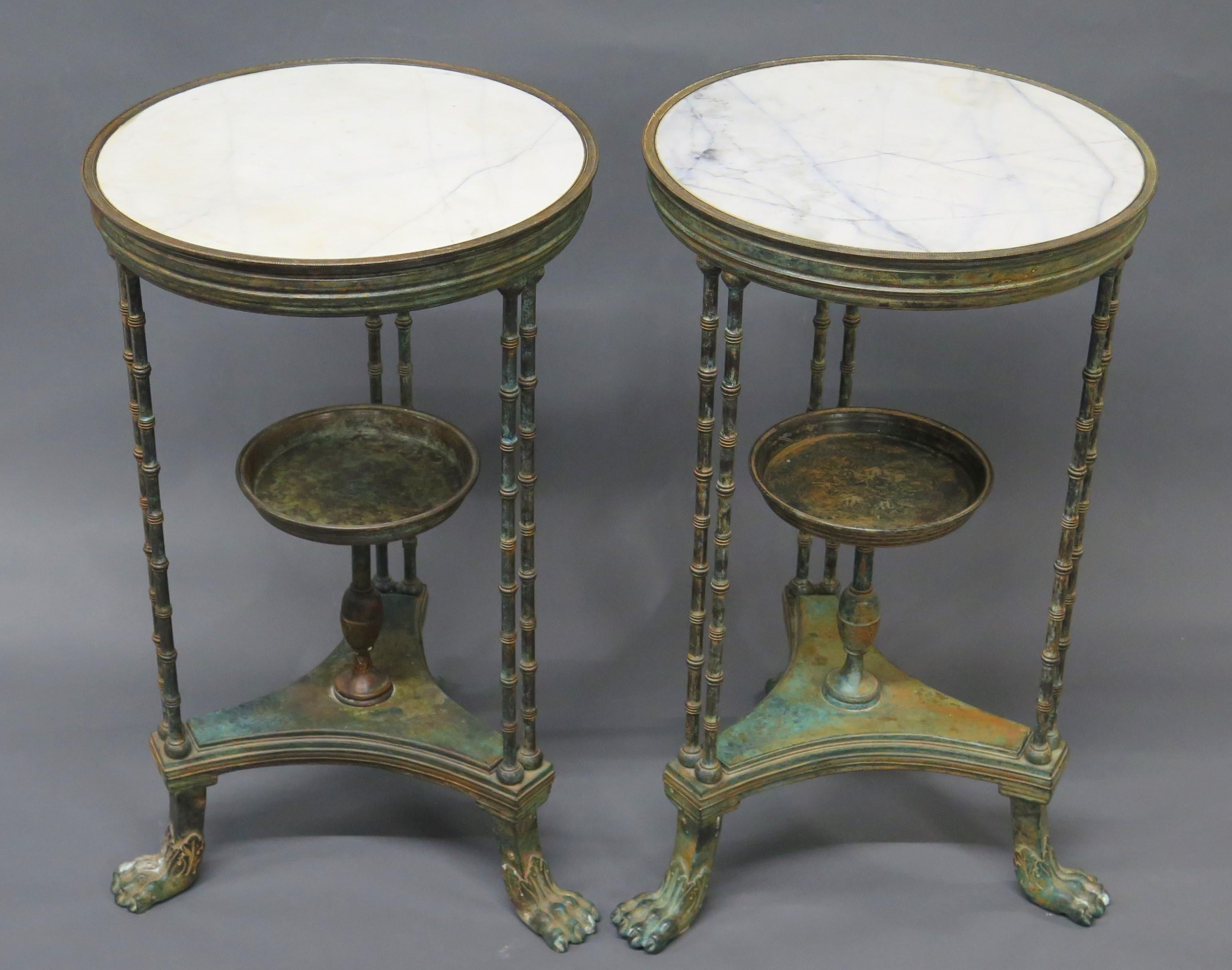 French Pair of Louis XVI-Style Patinated Bronze Gueridons (Tables) For Sale