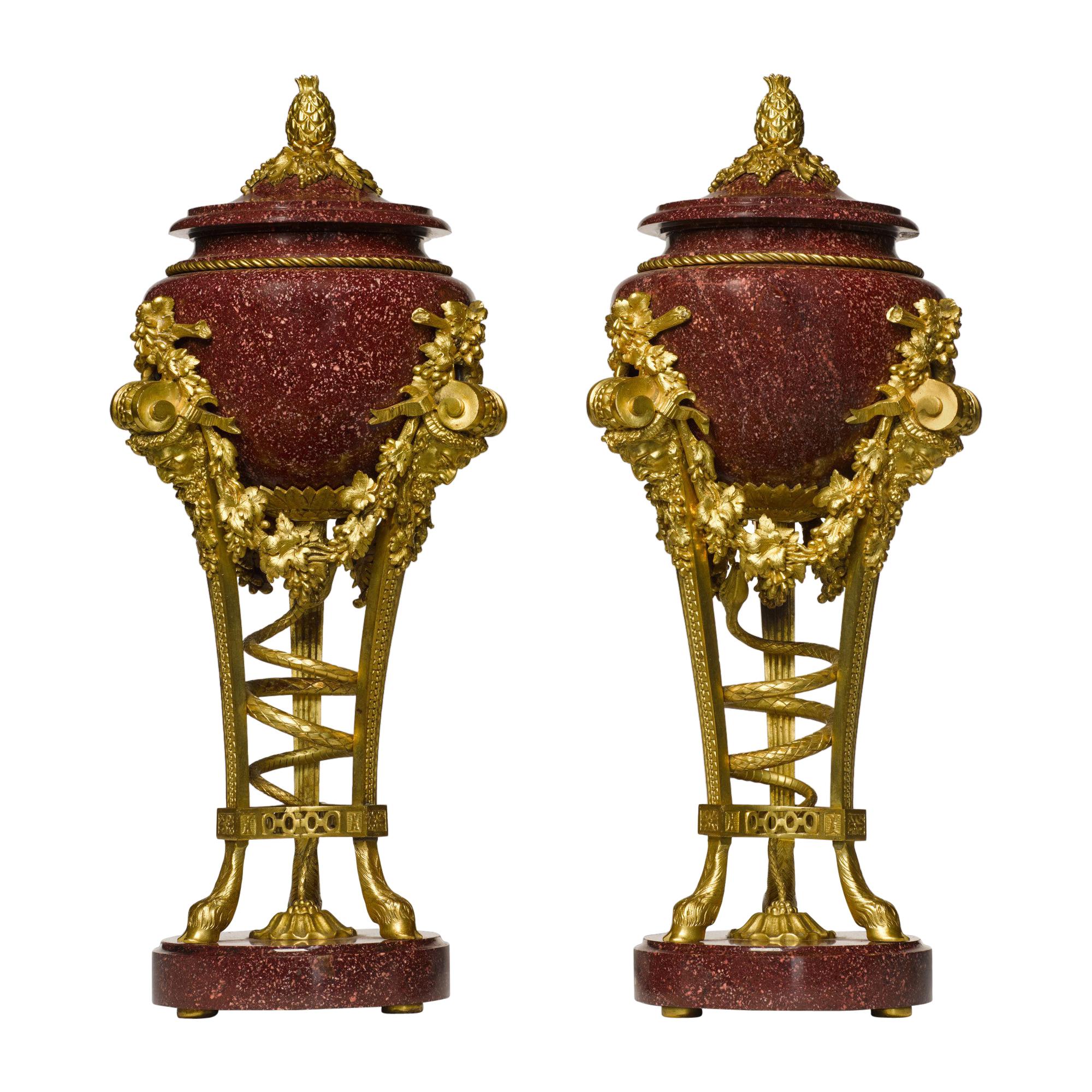 Pair of Louis XVI Style Porphyry Urns, after Pierre Gouthière For Sale