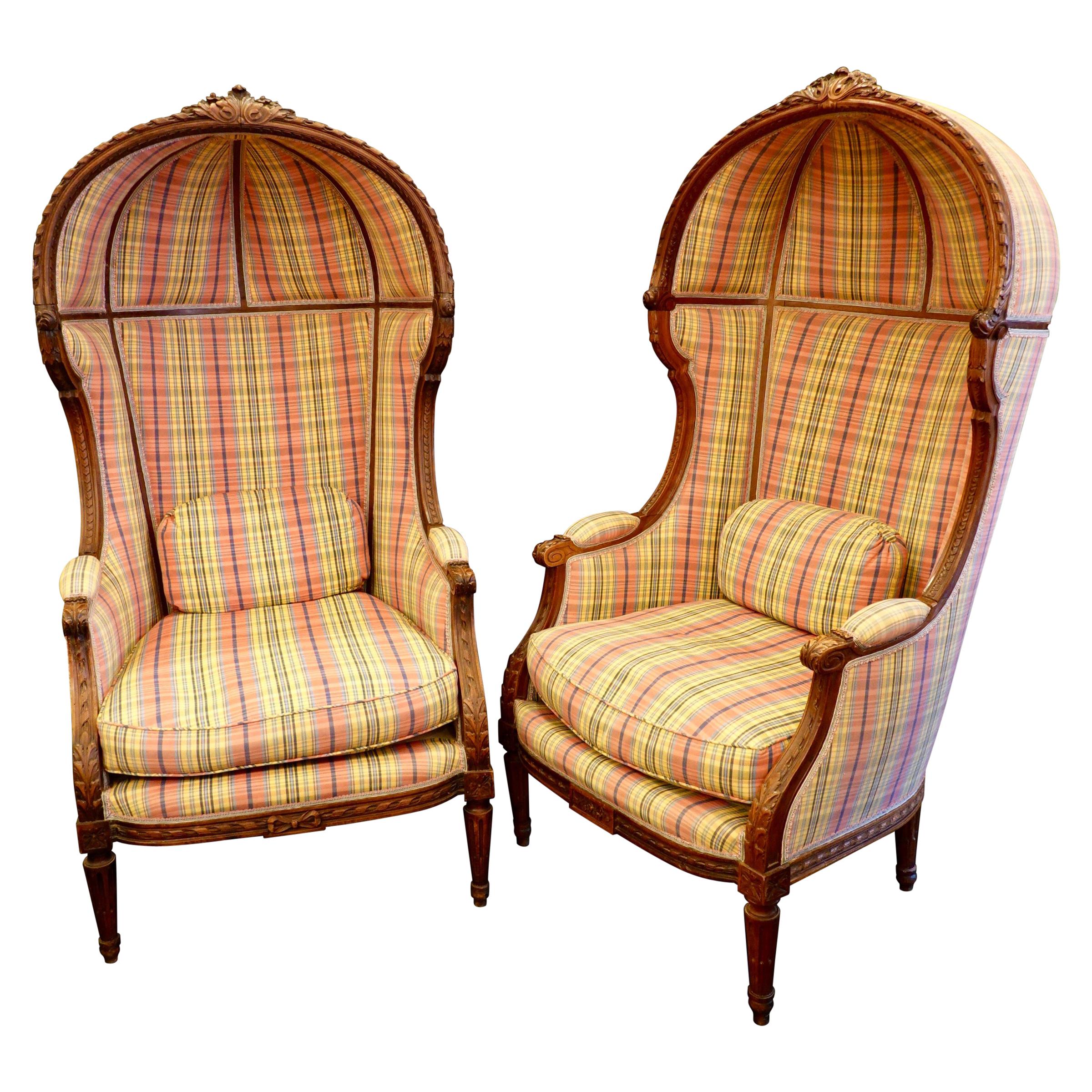 Pair of Louis XVI Style Porter's Chairs in Carved Walnut