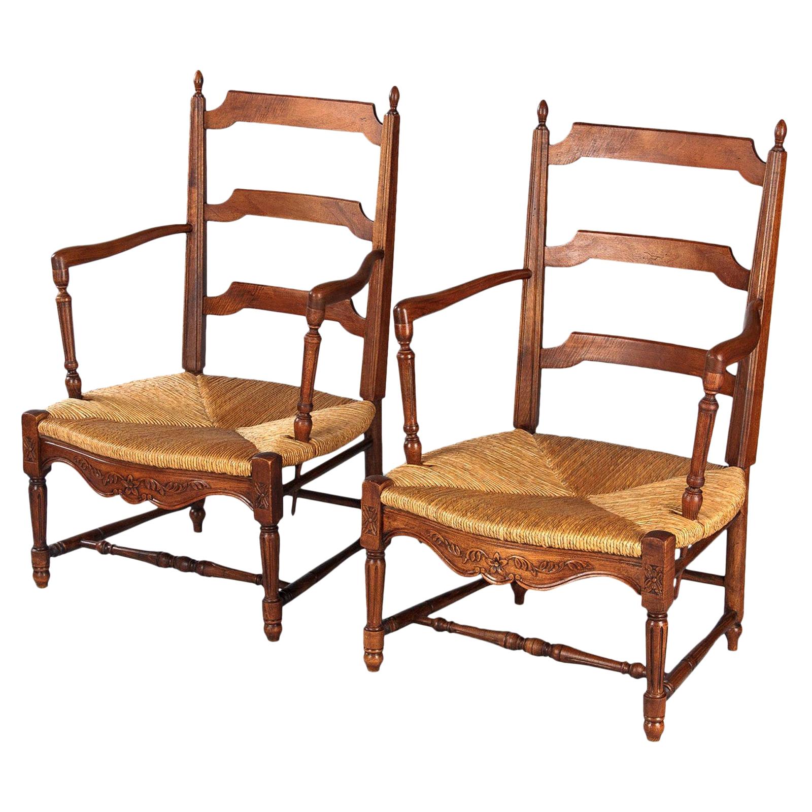 Pair of Louis XVI Style Provencal Rush Seat Armchairs, France, 1940s