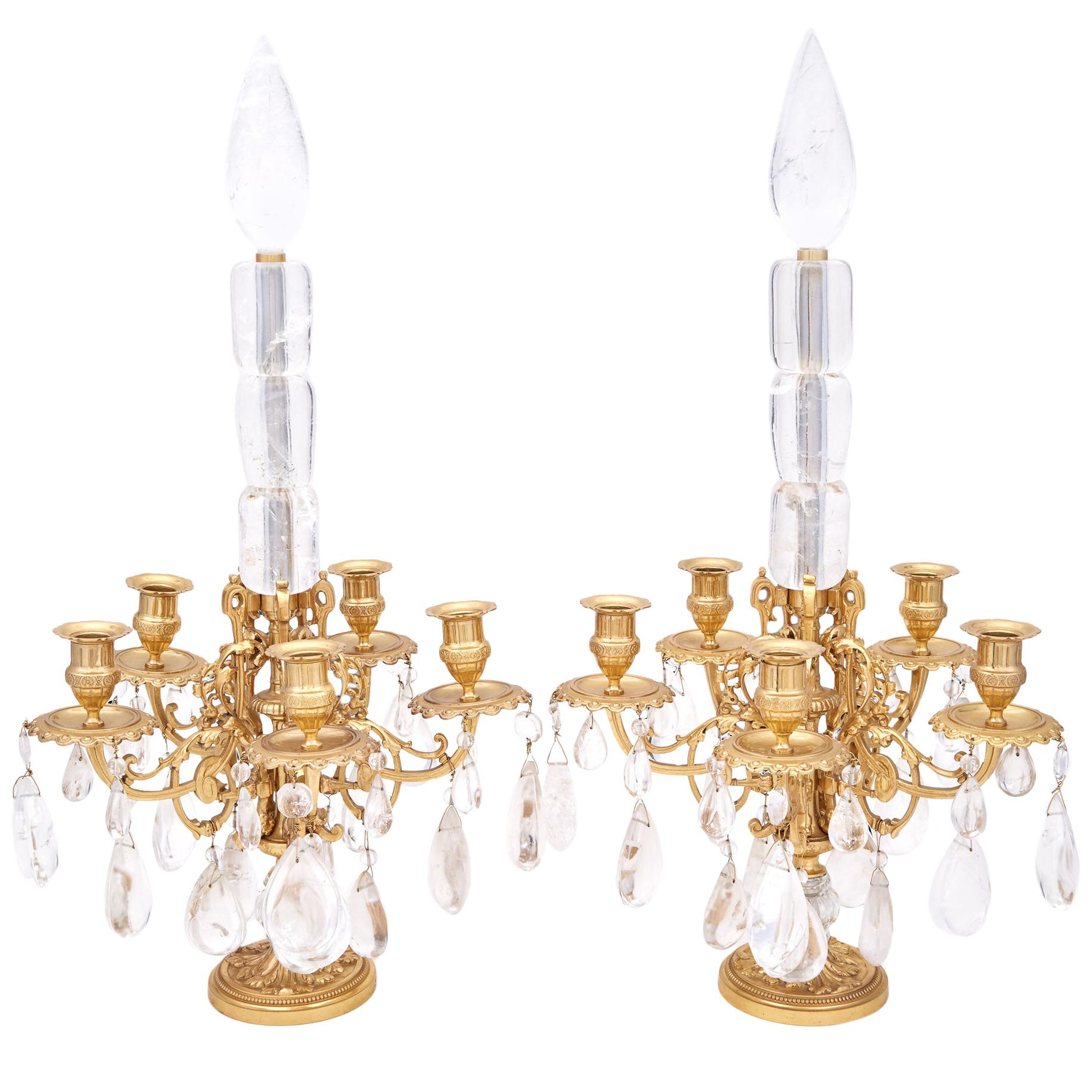 Pair of Louis XVI Style Rock Crystal and Gilt Bronze Candelabra For Sale