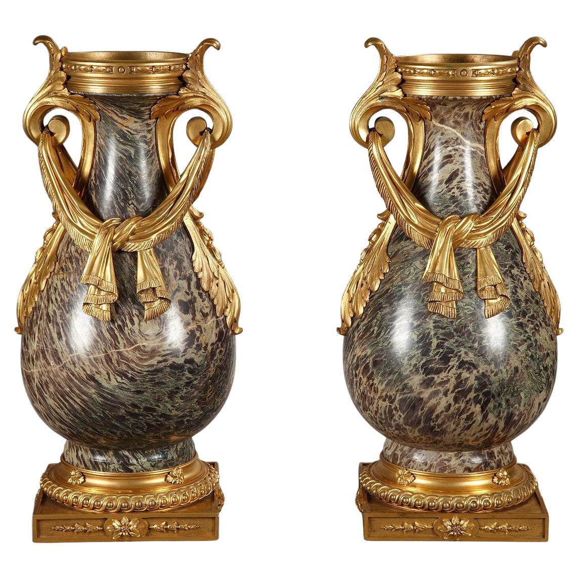 Pair of Louis XVI style Russia Jasper Vases, 19th century