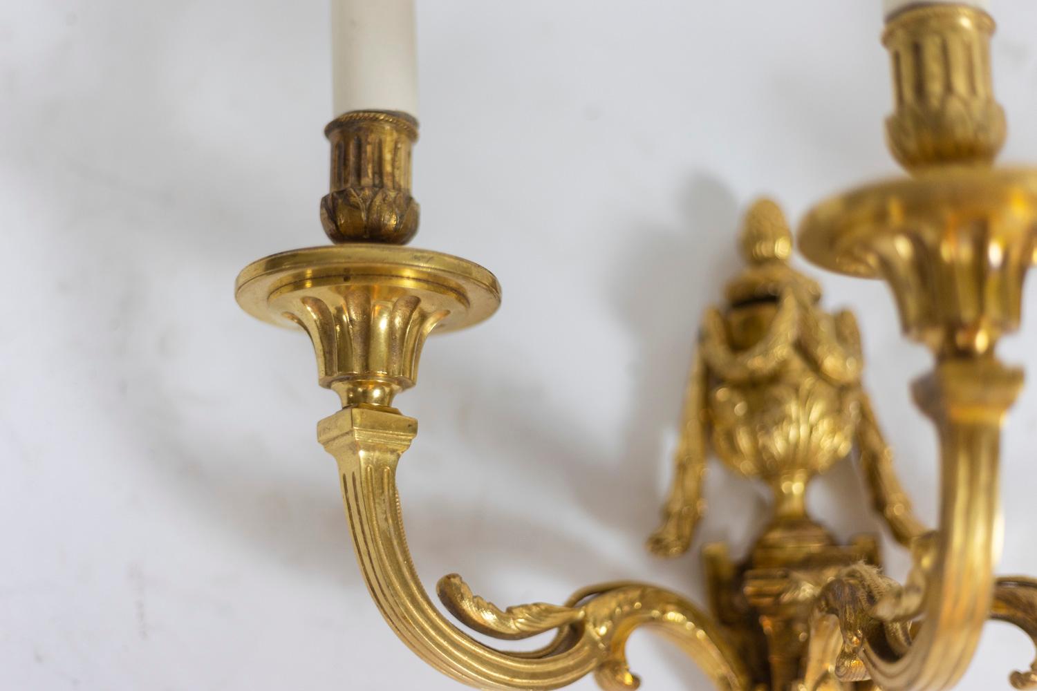 French Pair of Louis XVI Style Sconces in Gilded Bronze, circa 1880