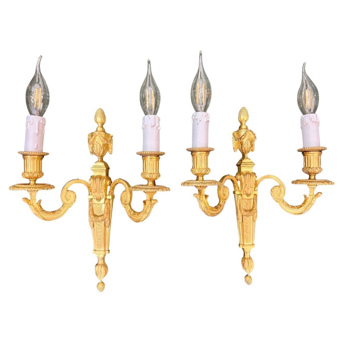 Pair Of Louis XVI Style Sconces in Gilt Bronze