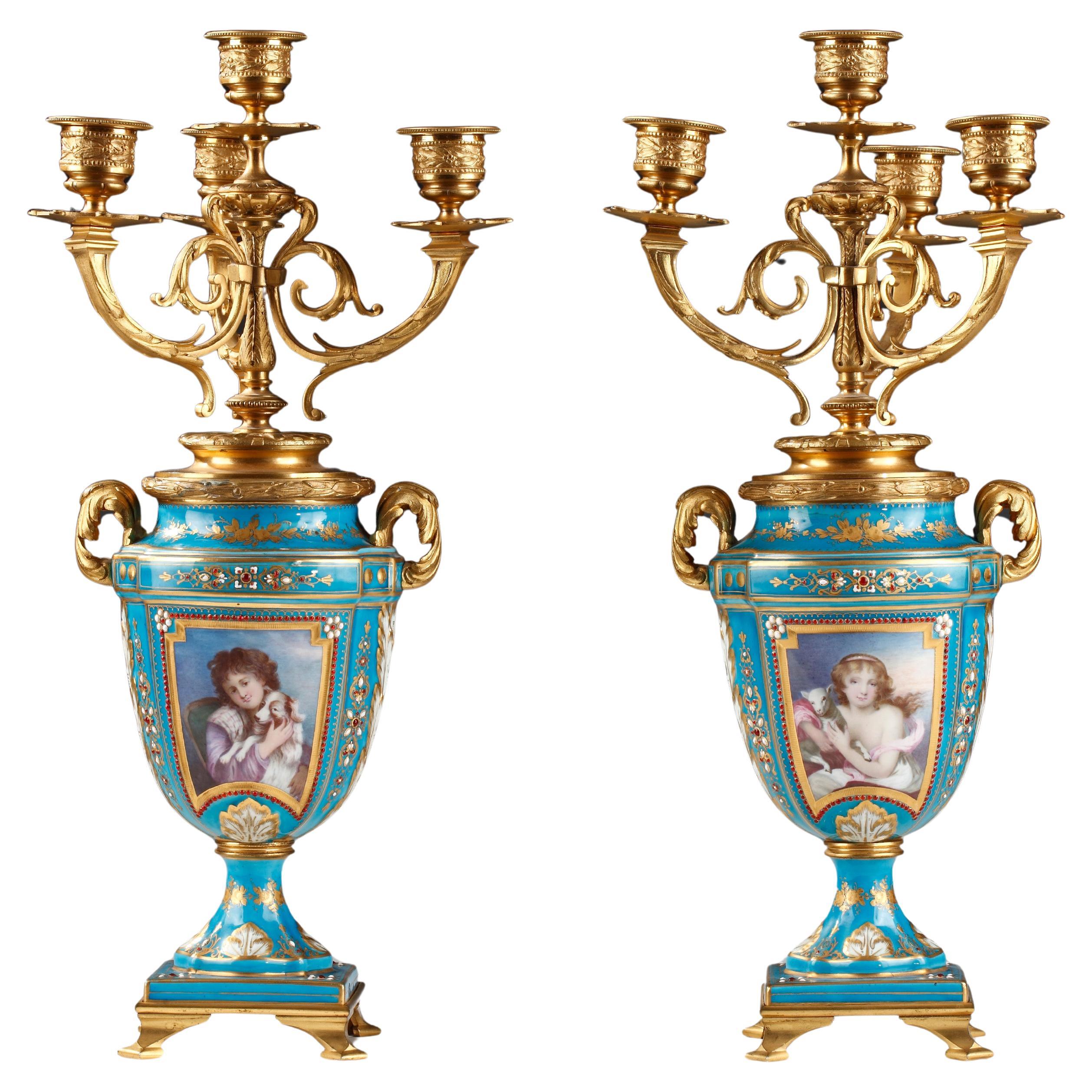 Pair of Louis XVI Style "Sèvres" Porcelain Candelabra Vases, France, Circa 1880