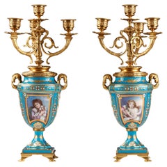 Pair of Louis XVI Style "Sèvres" Porcelain Candelabra Vases, France, Circa 1880