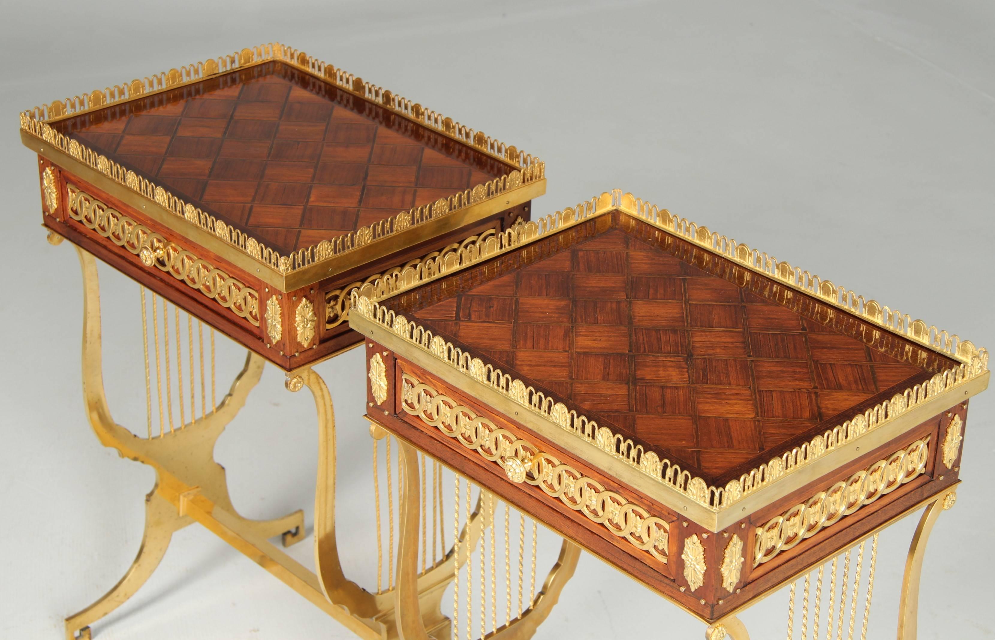 French Pair of Louis XVI Style Side Tables with Lyre Shaped Gilt Bronze Base